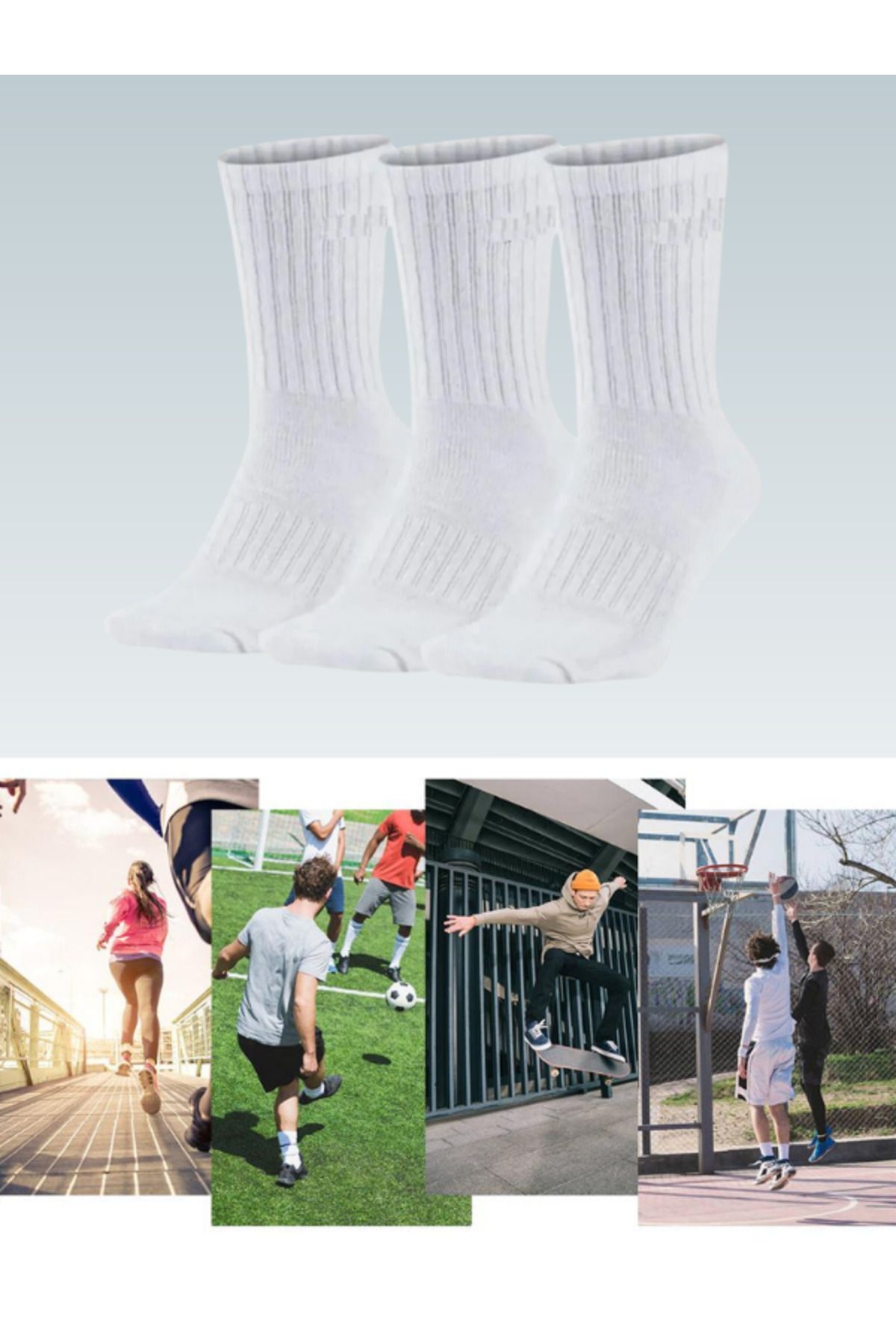 Bellanora 3 Çift Beyaz Sporcu Antrenman Koşu Futbol Basketbol Yürüyüş Spor Penye Unisex Çorap Seti