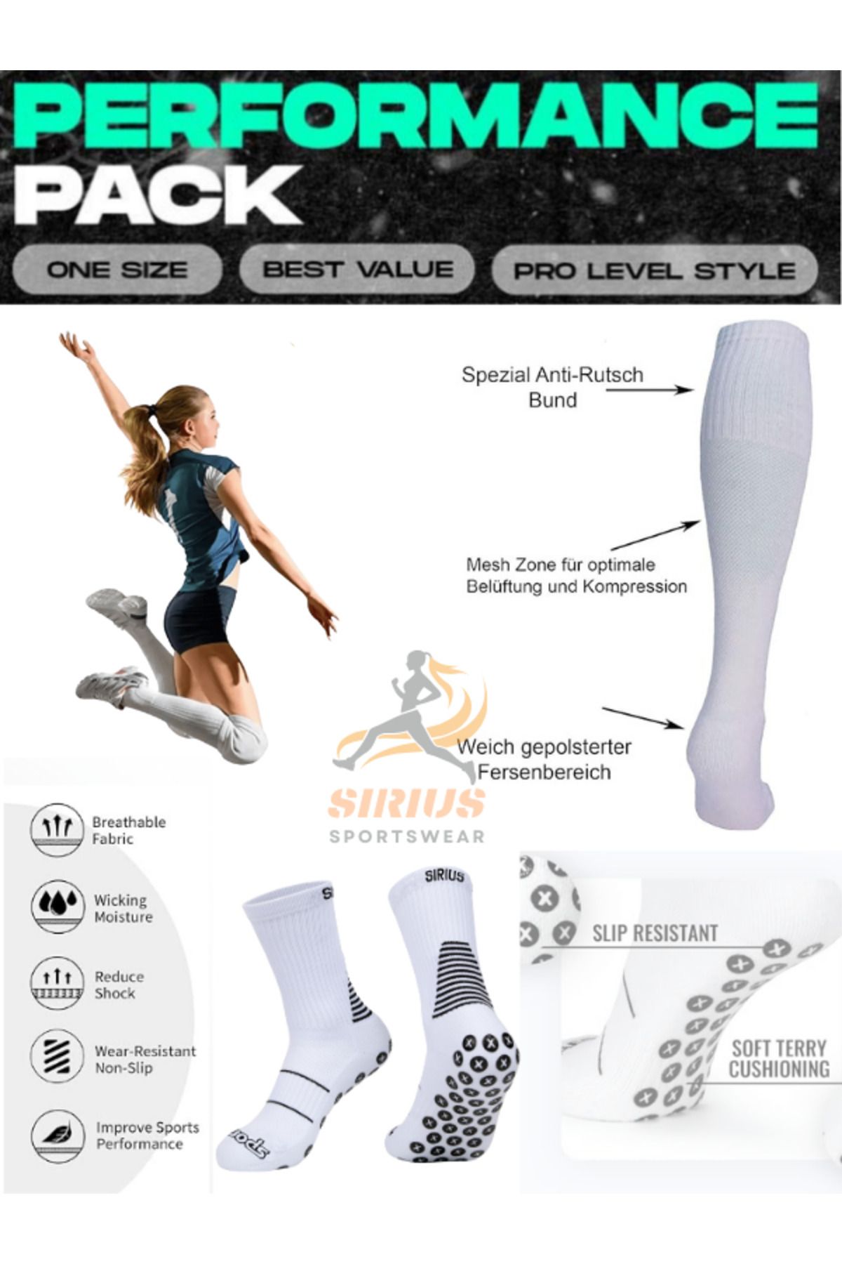 Bellanora 4'lü Air Pro Performance Kaydırmaz Taban Voleybol Çorabı-Konçlu-Terletmez-Beyaz-Topuksuz- S-506