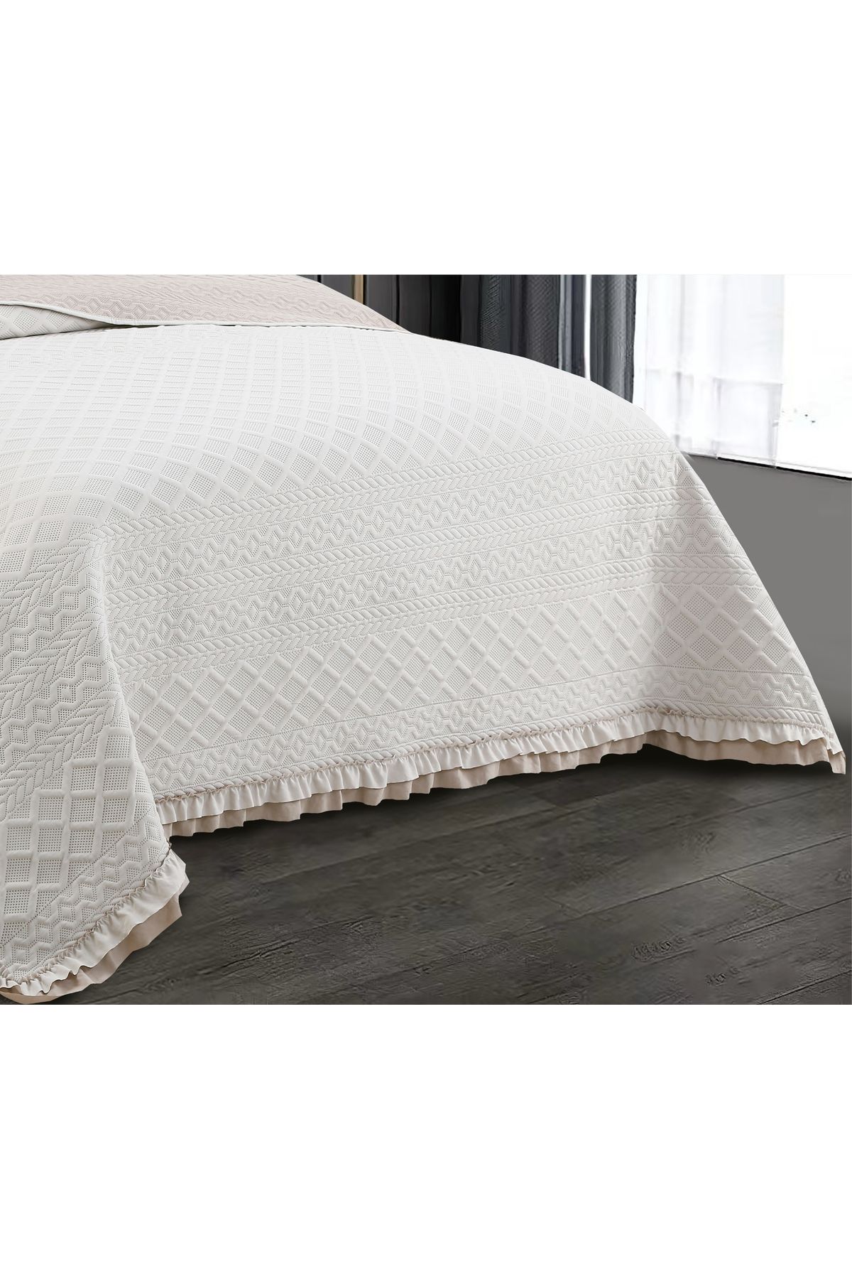 Sivalde-Hazel Washed Frilly Double Beige Bedspread Set 4