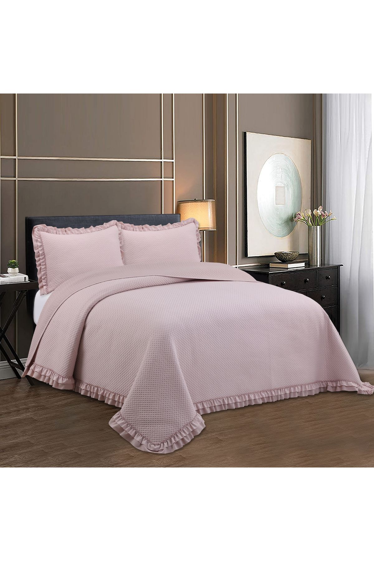 Sivalde Rüya Washed Fırfırlı Çift Kişilik Pudra Yatak Örtüsü Takımı