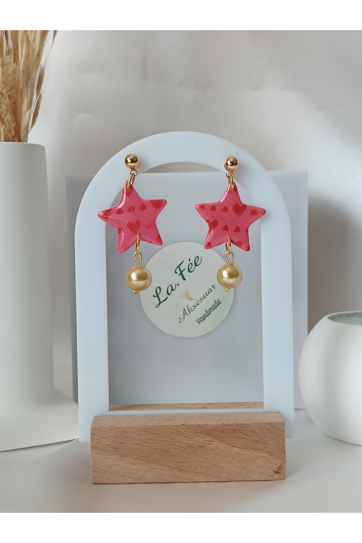 La fee aksesuar-Pink Women's Earrings Polymer Clay Earrings Pink Star Pearl Earrings 5