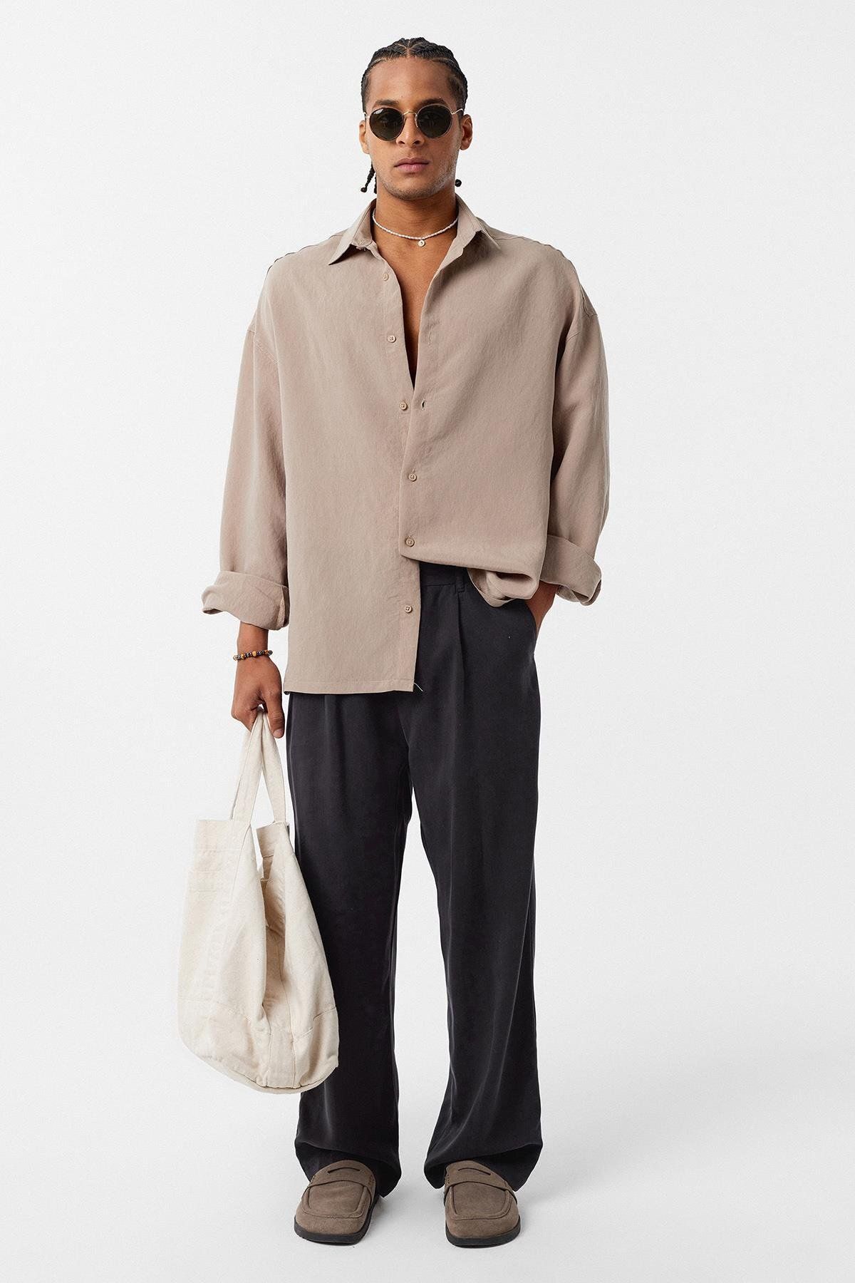 VAMOSCLO Basic OVersize Uzun Kol Gömlek Bej