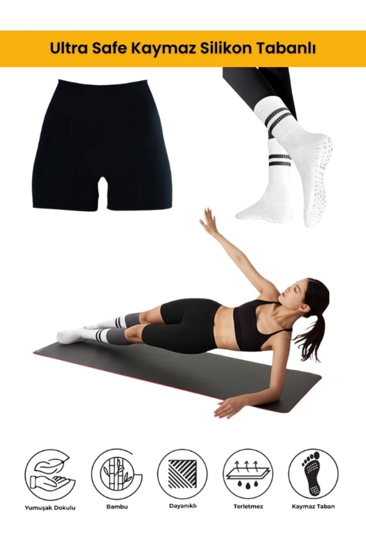 Bellanora Kaymaz Kauçuk Tabanlı Terletmez Kadın Pilates,Yoga,Dans,Koşu Aktivite Çorabı ve Sporcu Taytı Seti