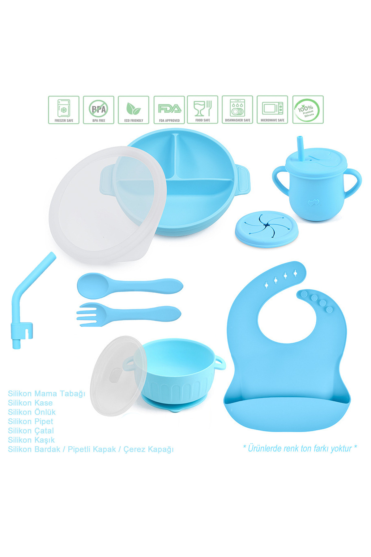 jojobebek Silikon Beslenme Seti Vakumlu Silikon Mama Tabağı Ve Kasesi, Silikon Çatal Ve Kaşık, Bardak / Mavi