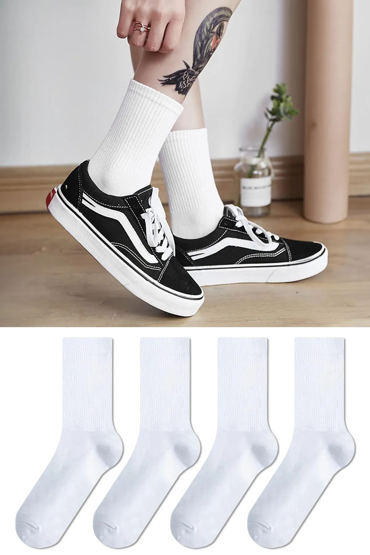 Bellanora 4 Çift Ekonomik Paket Erkek Kadın Unisex Çorap Soket Uzun Tenis Corap Çizgili Kolej Çoraplar