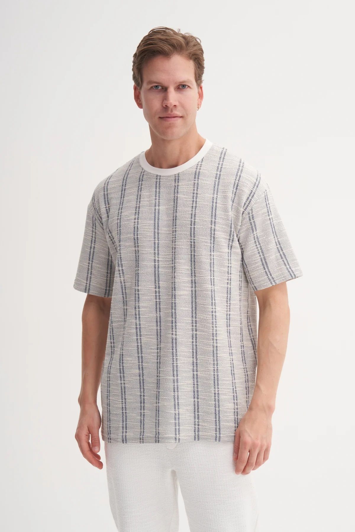 Cazador Erkek Cazador Basic Yazlık Relax Fit Rahat Kesim Petek Dokulu Çizgili Bisiklet Yaka T-Shirt