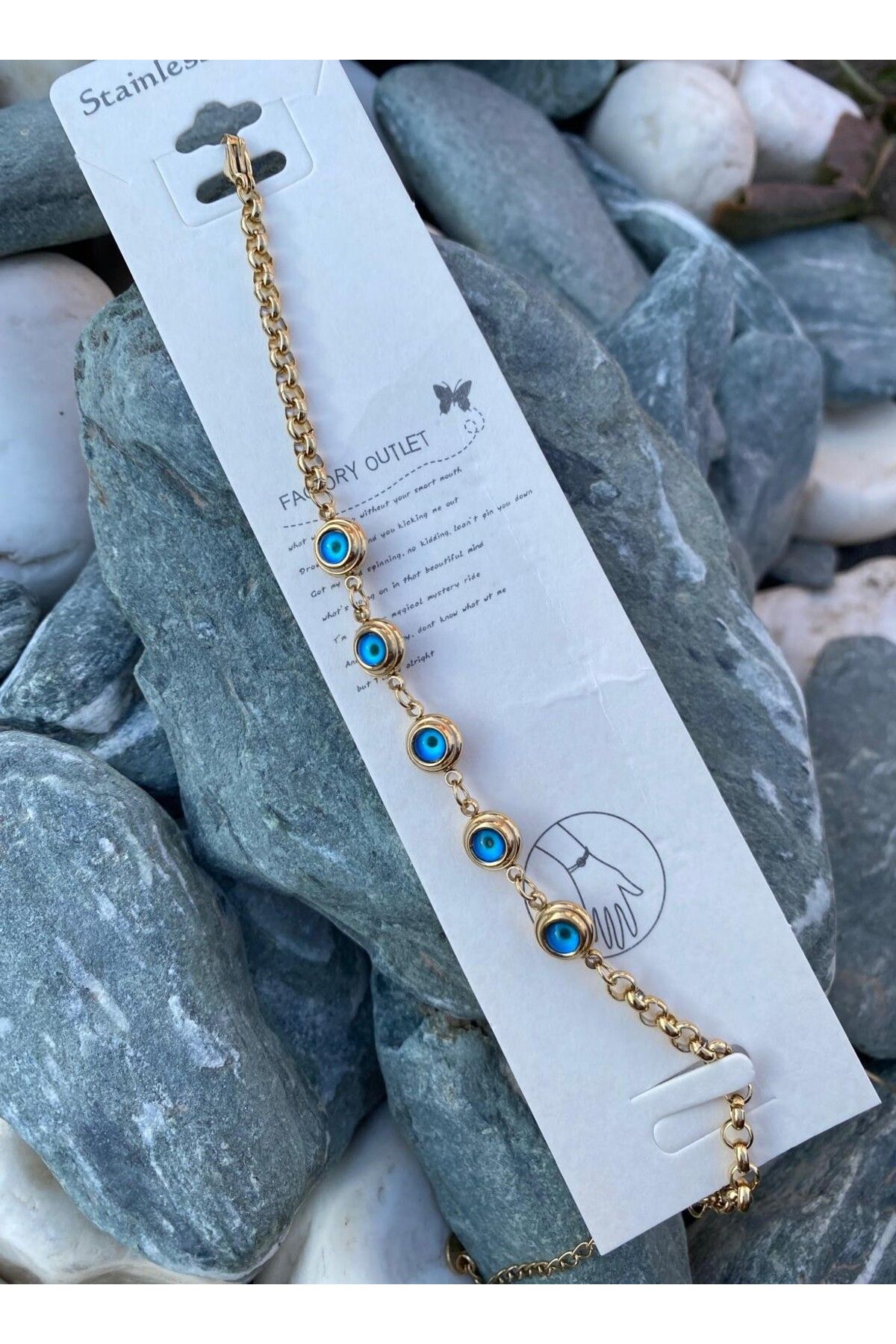 Purplefly Jewels Kadın Büyük Göz Mavi Nazar Boncuklu Gold Renk 316L Kararmaz Çelik Bileklik PRP-Ç363