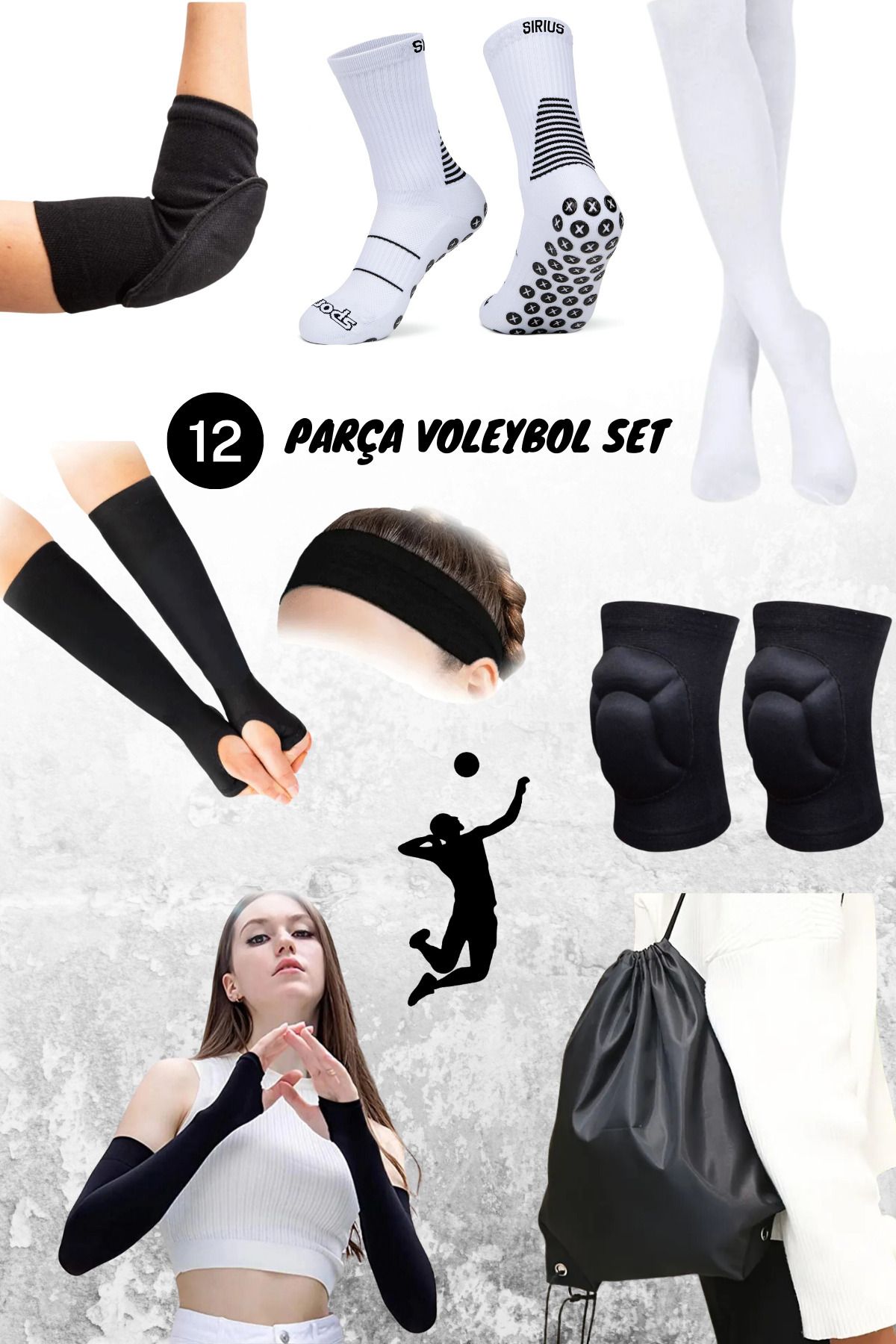 Bellanora 12'li Voleybol Dizliği& Dirsekliği&elliği &uzun Çorabı& Kaymaz Kauçuk Çorap & Çantalı Saç Bandı Seti