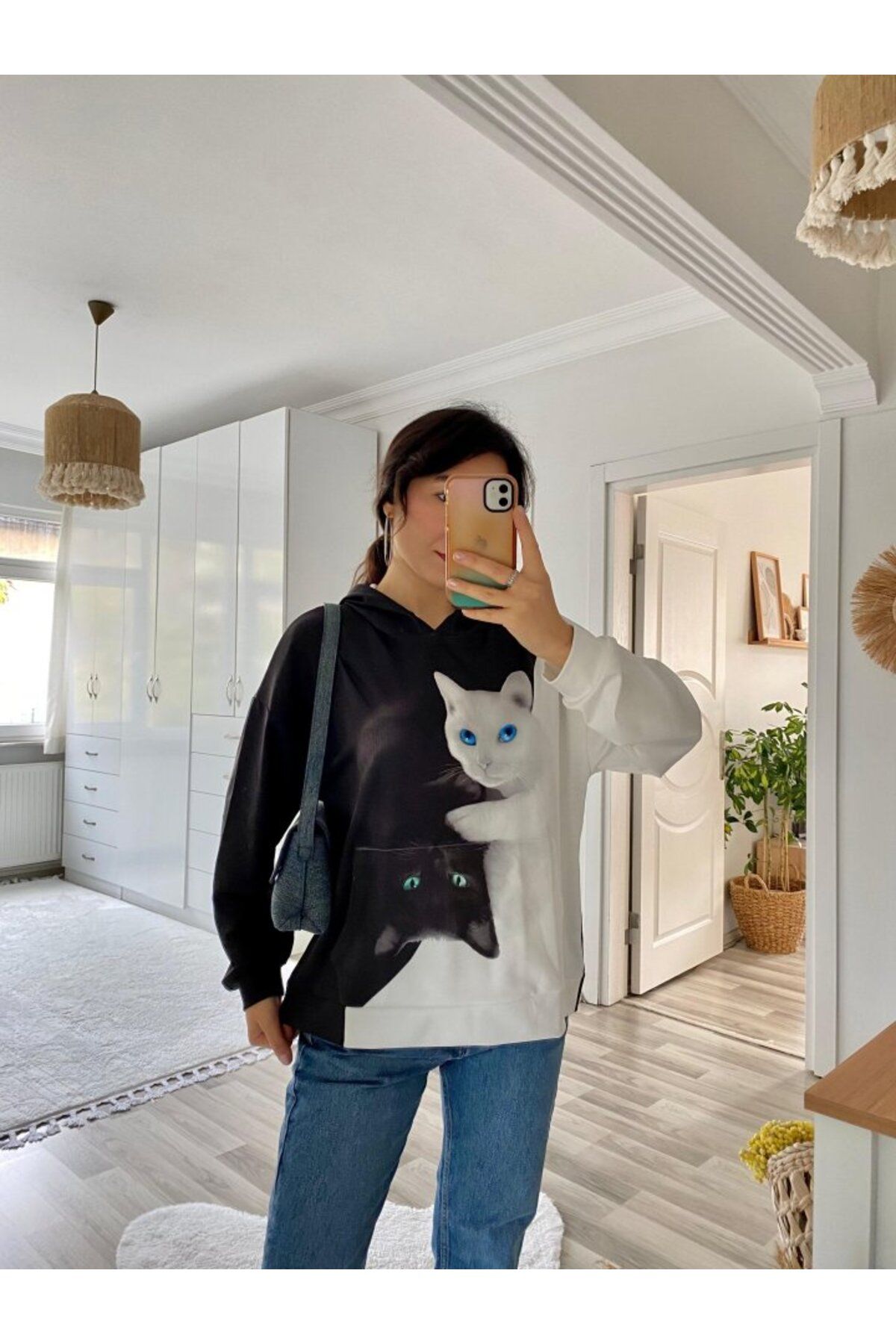 ARUZ MODA Kadın Uzun Kollu Kapşonlu Bağcıklı Kedi Desenli şardonlu Dalgıç Bluz