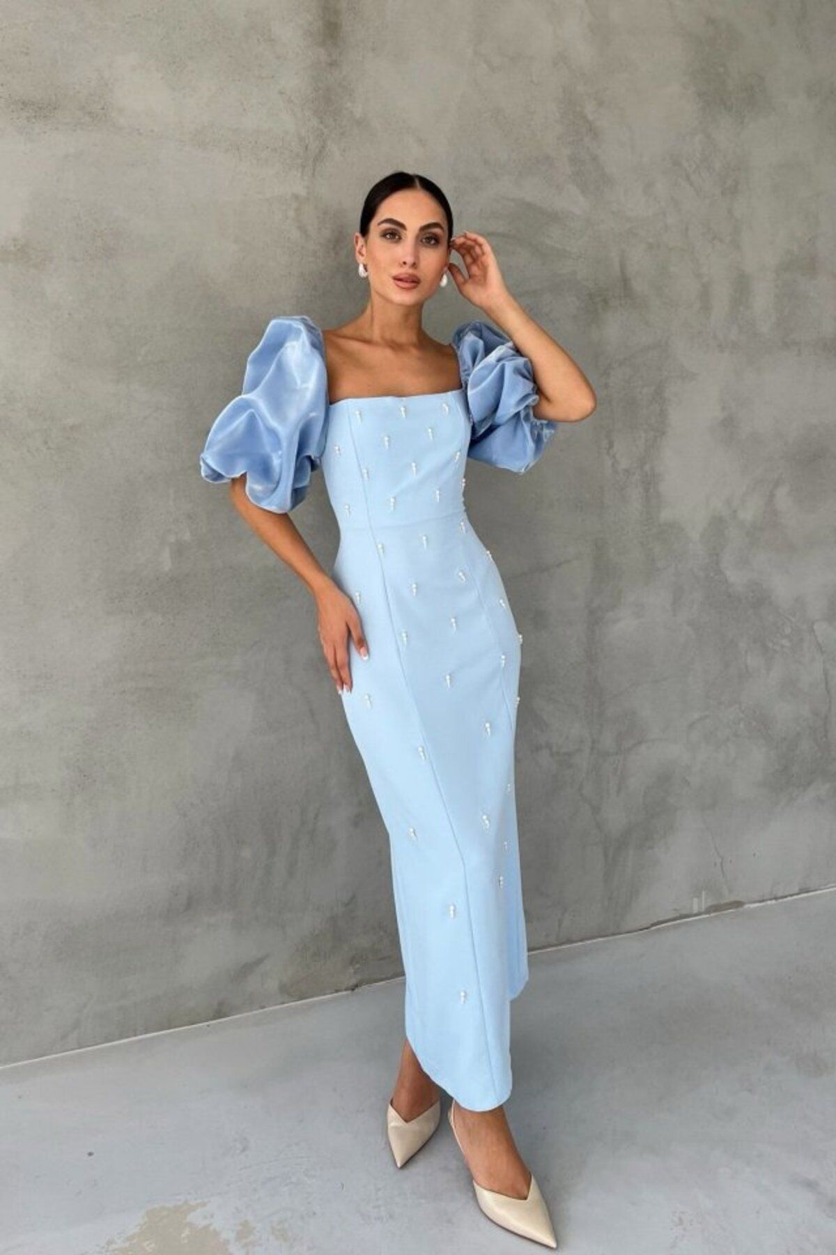 ARUZ MODA Bebe Mavi İşlemeli Kolu Garnili Elbise