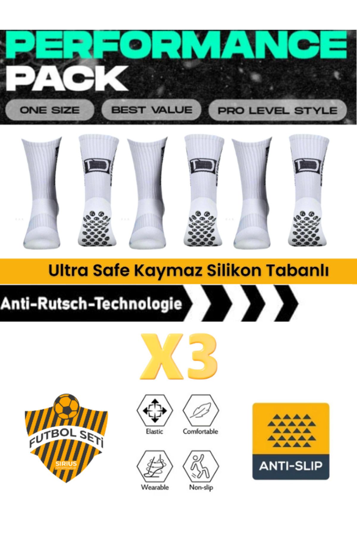 Bellanora 3 Çift Futbol Pro Double Layer Kauçuk Kaydırmaz Taban Dikişsiz Maç Sporcu Tozluk Halı Saha Çorap Set