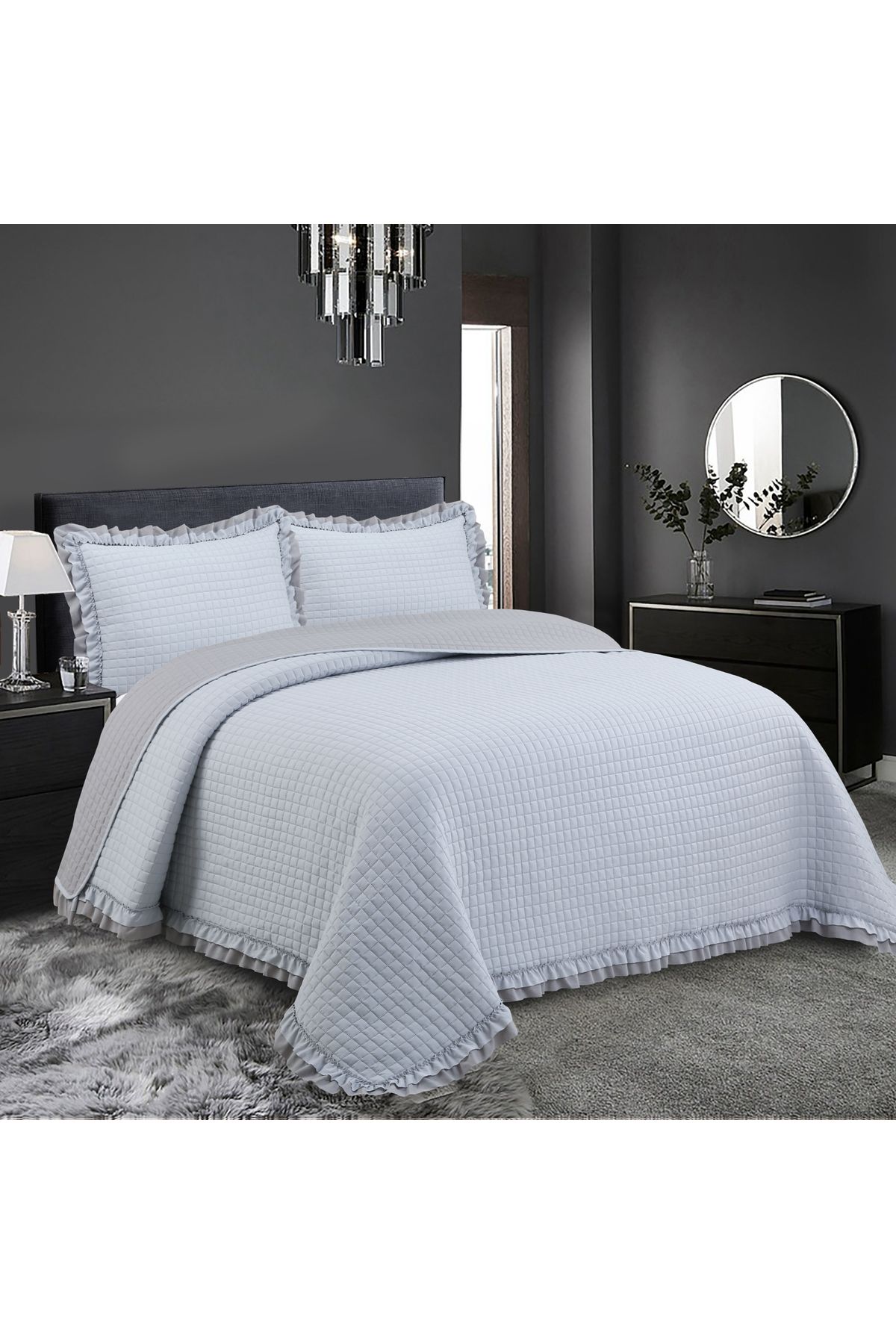 Sivalde Square Washed Fırfırlı Çift Kişilik Gri Yatak Örtüsü Takımı