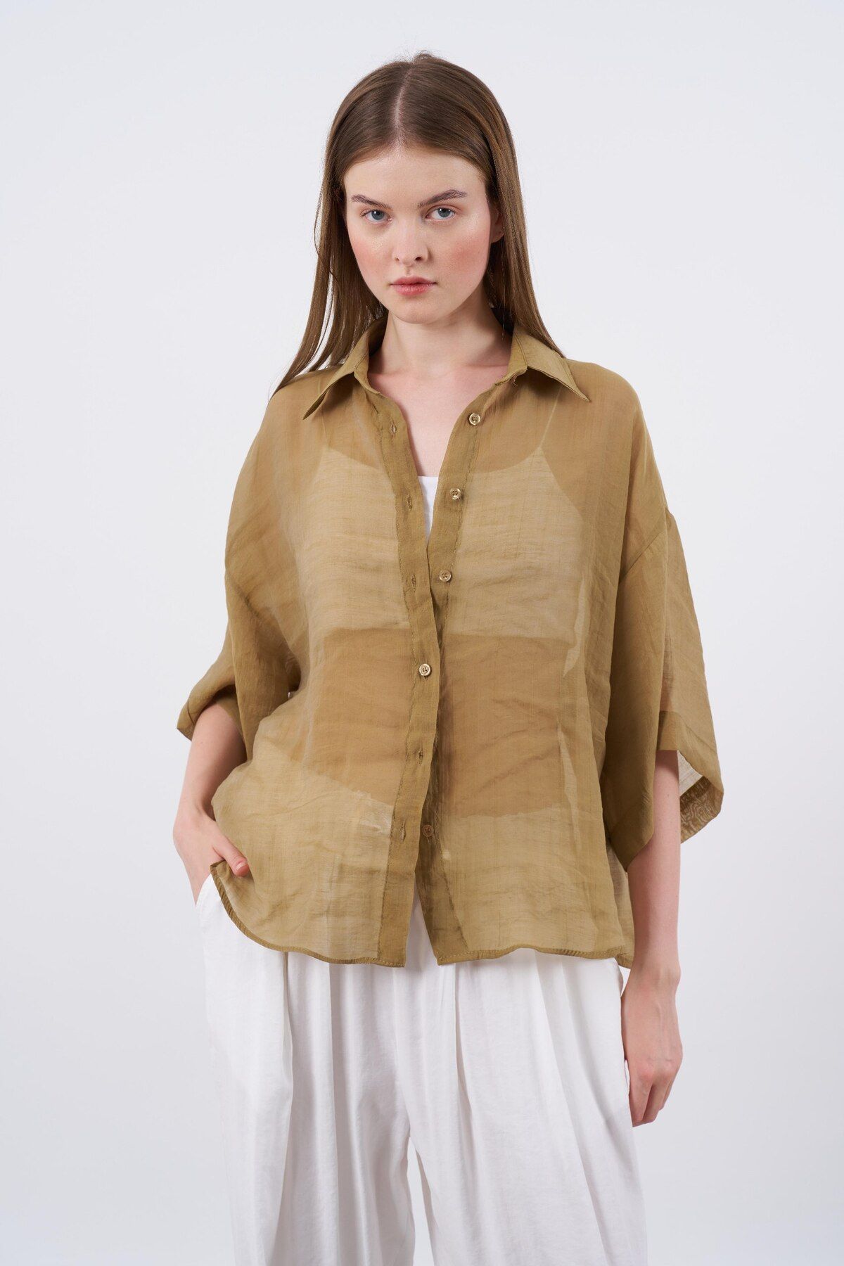 shieba outlet Premium Oversize tulle Kumaş Kısa Kol Gömlek