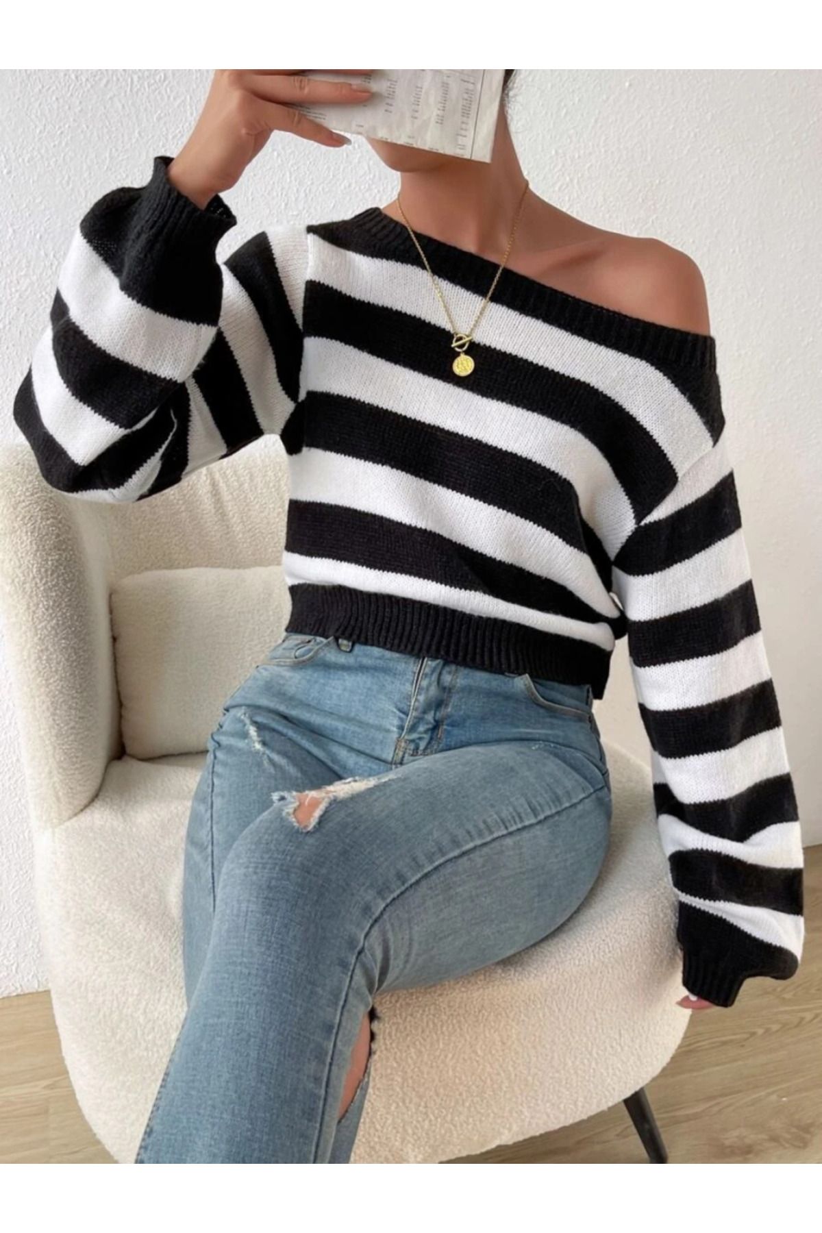 ARUZ MODA Kadın Uzun Kollu Kayık Yaka Triko Bluz