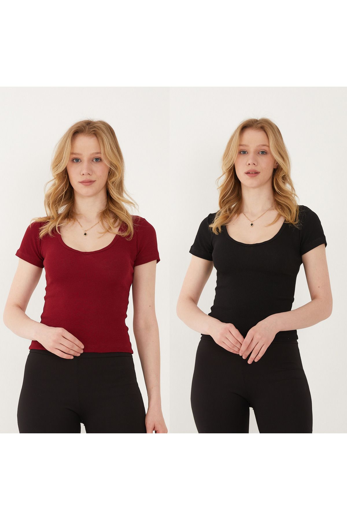Wearflawless Kadın 2'li Adet V Yaka Fitilli Kısa Kol T-Shirt, Bluz