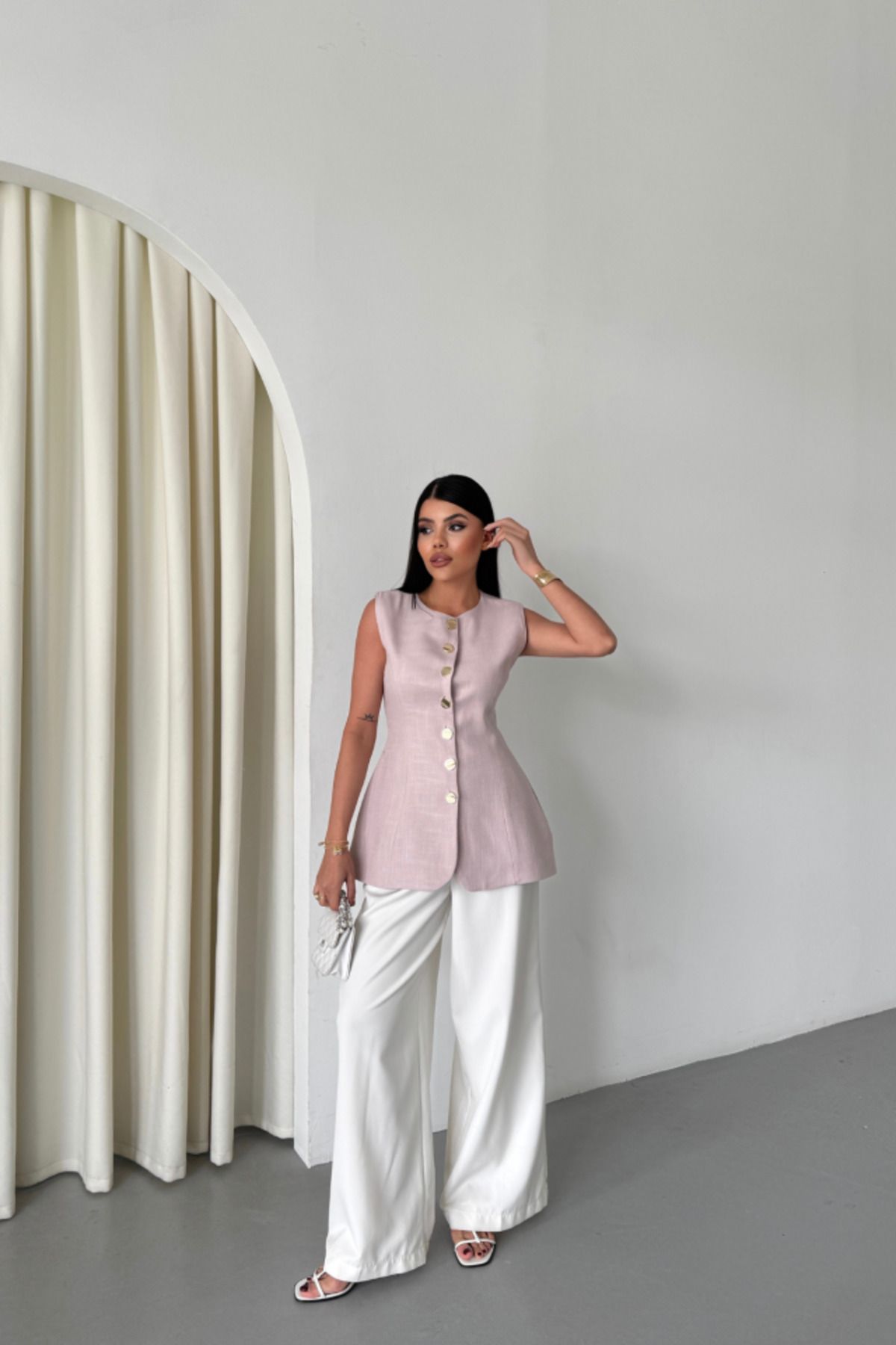 ARUZ MODA KETEN YELEK BELDEN OTURTMALISIRALI DÜĞME DETAYLI - Lila