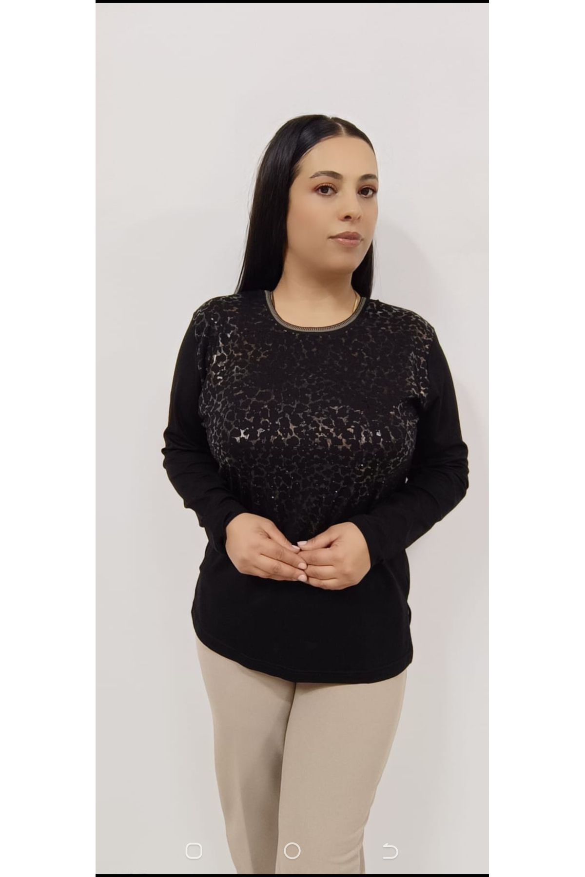AKŞEN GİYİM BÜYÜK BEDEN LEOPAR DESENLİ TAŞ DETAYLI BİSİKLET YAKA PREMİUM KALİTE UZUN KOLLU ANNE
