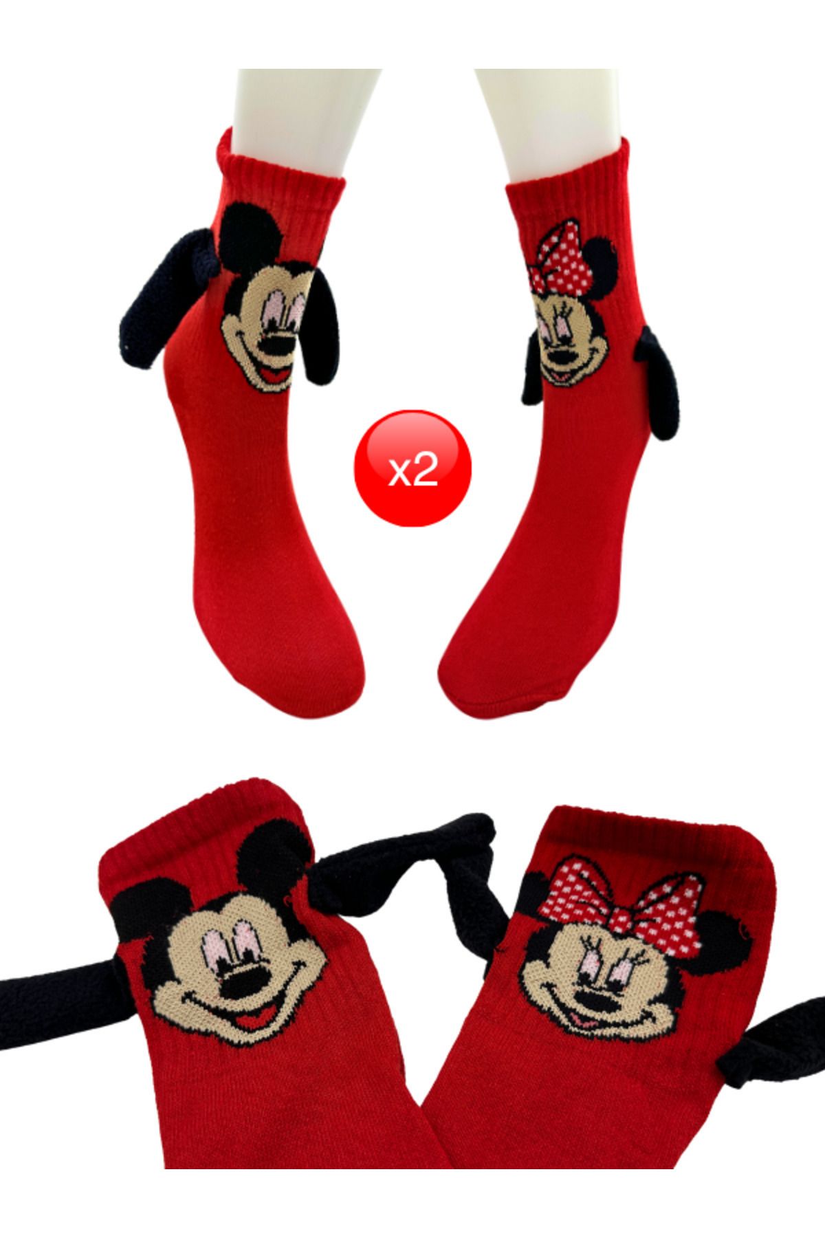 Bellanora 2 Çift Mıknatıslı El Ele Tutuşan Mickey&minnie Mouse Kırmızı Renkli Sevgili Arkadaş Kanka Çorap Seti
