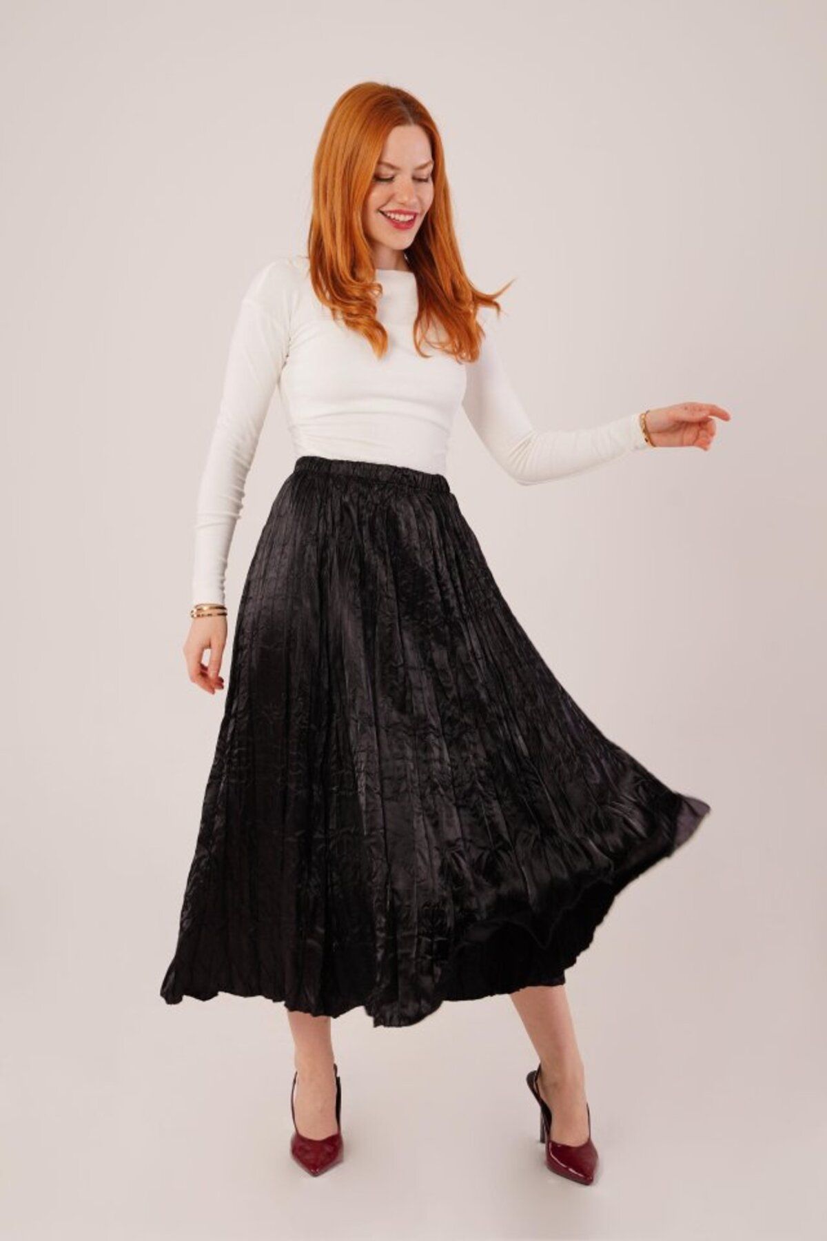 ARUZ MODA Midi Boy Pileli Saten Siyah Etek