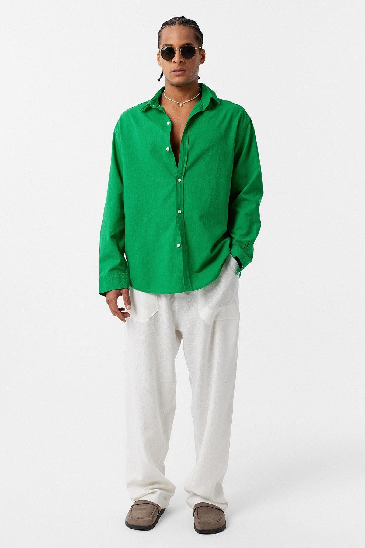 VAMOSCLO Basic Oversize Keten Gömlek Yeşil