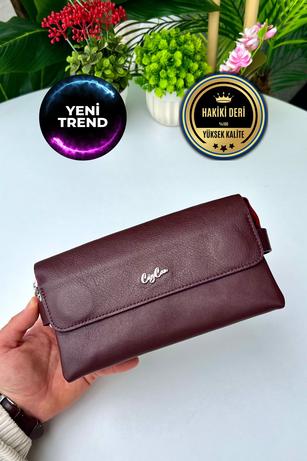 CüzCan BOSS Bordo Hakiki Deri Mıknatıslı Erkek El Çantası