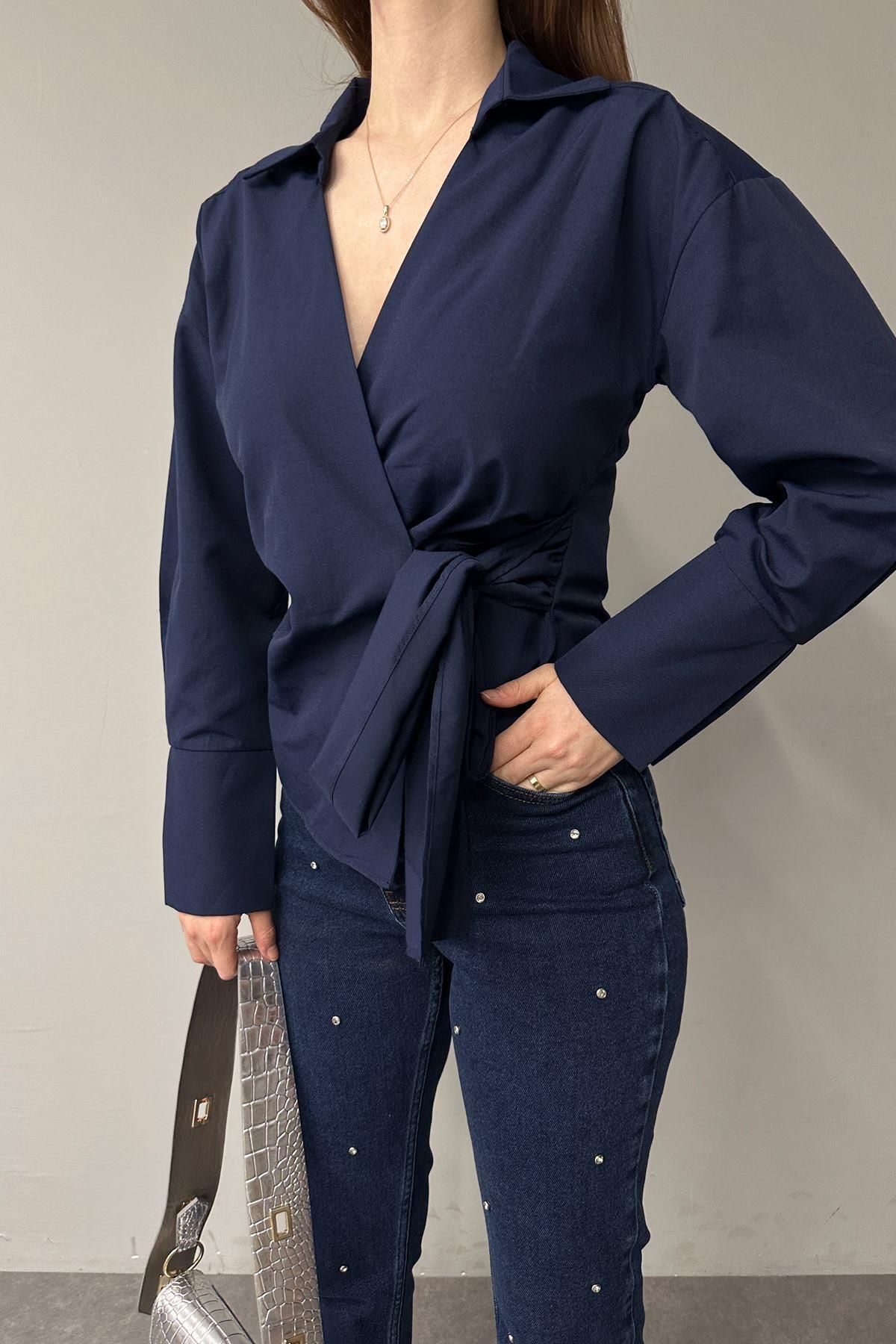 lizge giyim-Crossed Collar Shirt with Front Tie 4