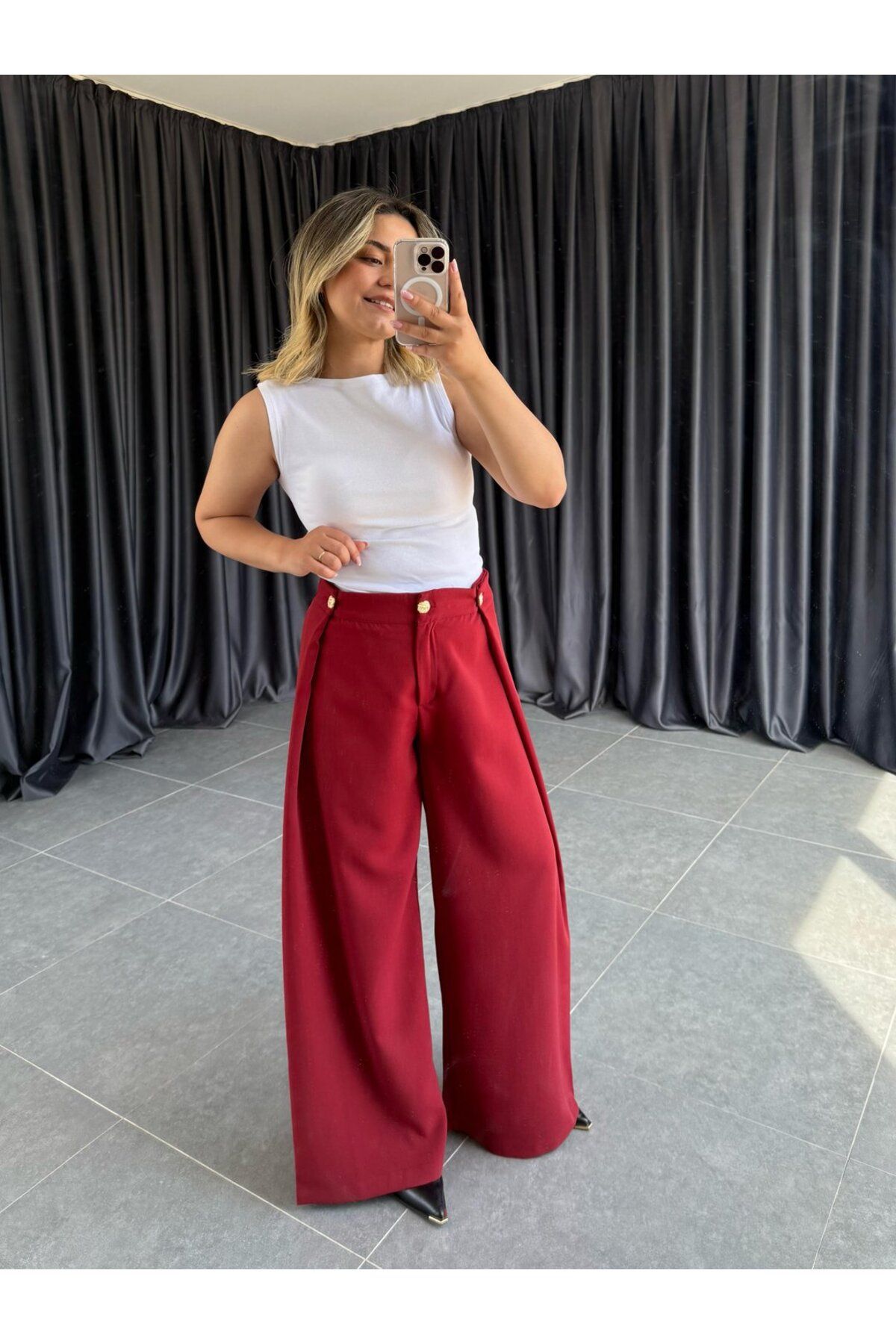 BÜŞRA PERKER Crep Kumaş Pantolon Bordo