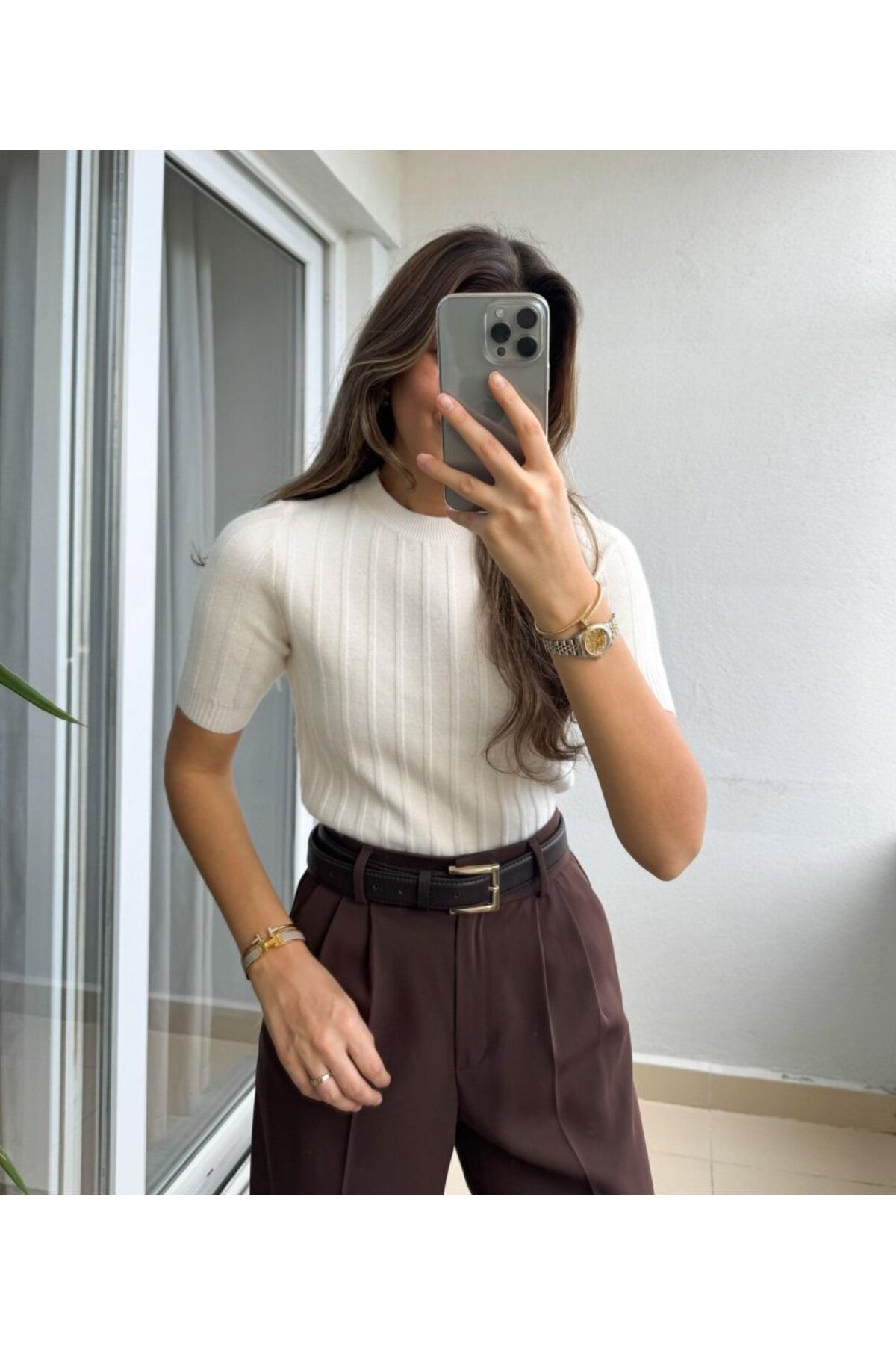 ARUZ MODA Fitilli Kısa Kol Kazak - Krem