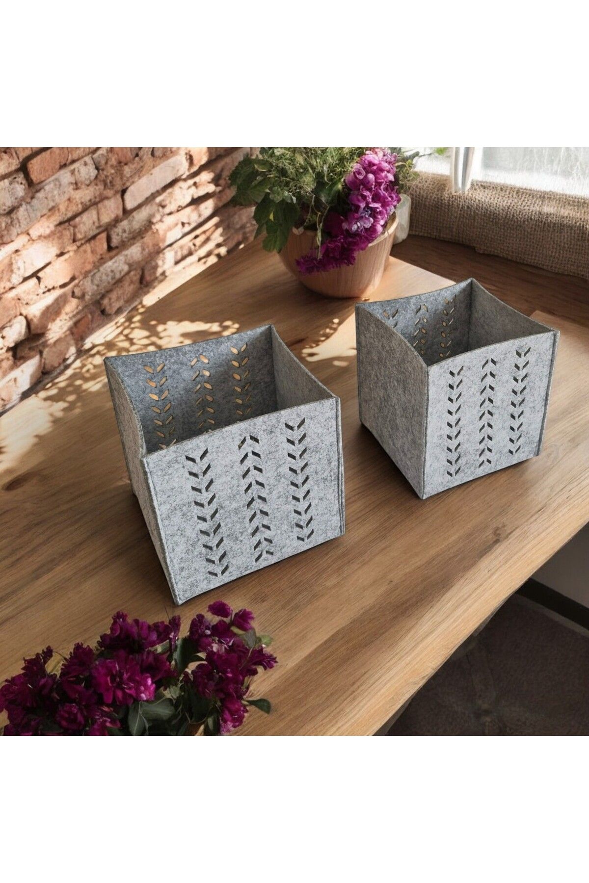 Wotrart Dekoratif Keçe Sepet Desenli Kutu Organizer Saklama Sepeti 16x16x16 cm 3 mm Keçe