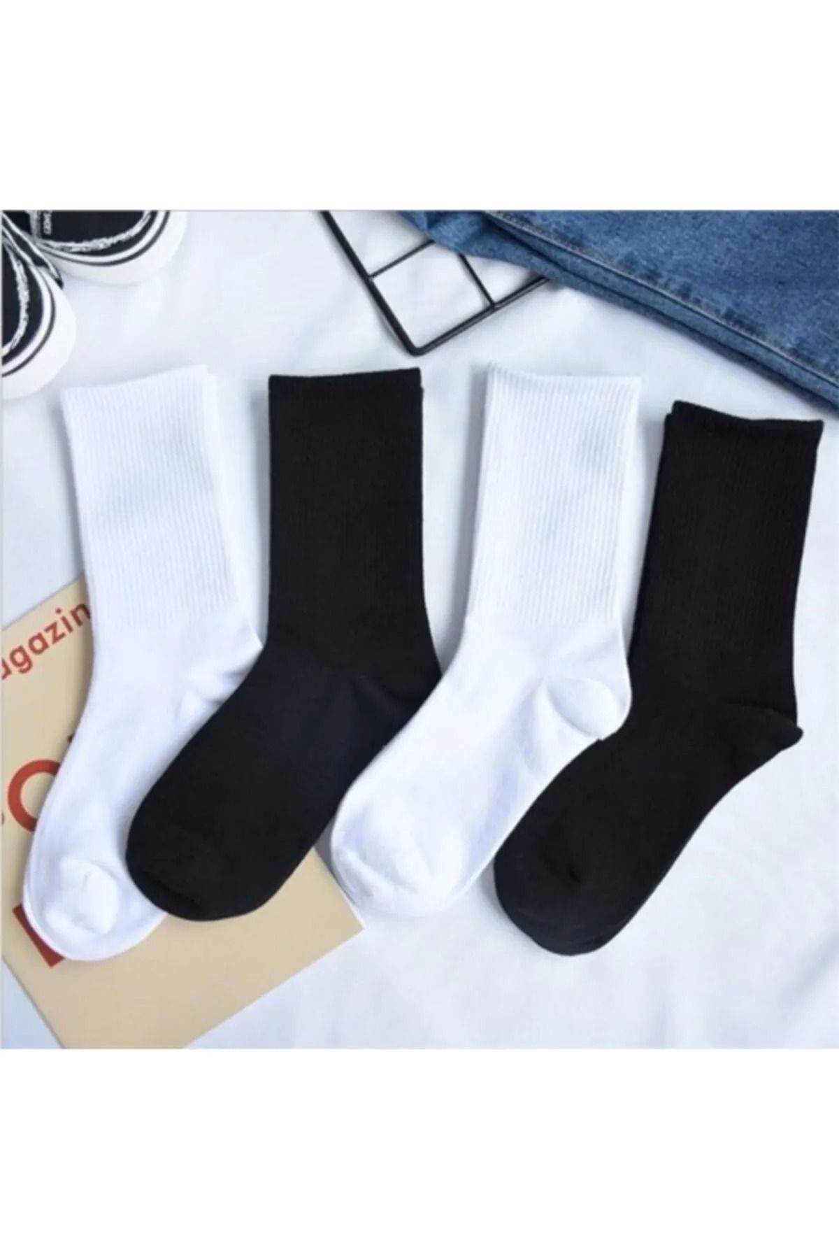 Bellanora 4 Çift Ekonomik Paket Erkek Kadın Unisex Çorap Soket Uzun Tenis Corap Çizgili Kolej Çoraplar