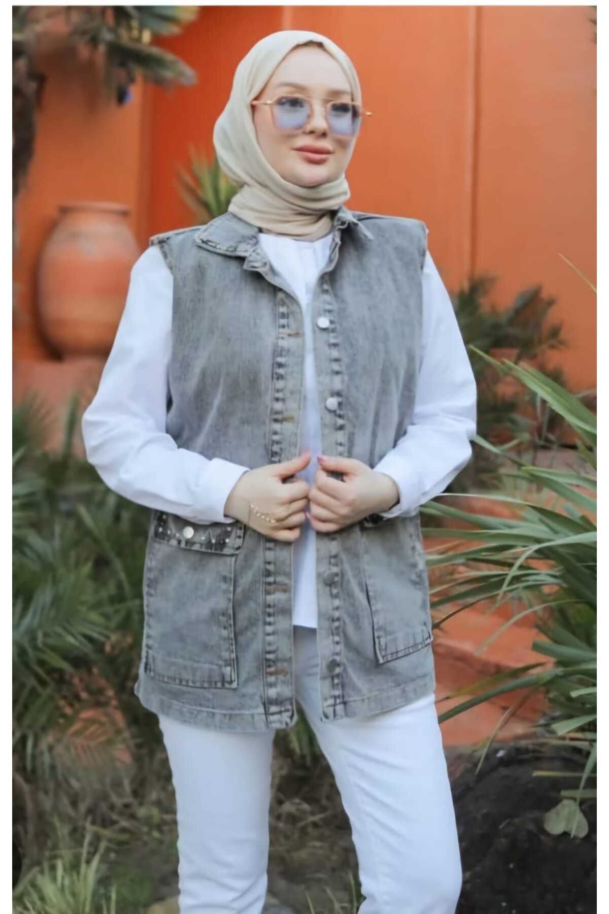 SHİROSA oversize taş işlemeli denim yelek