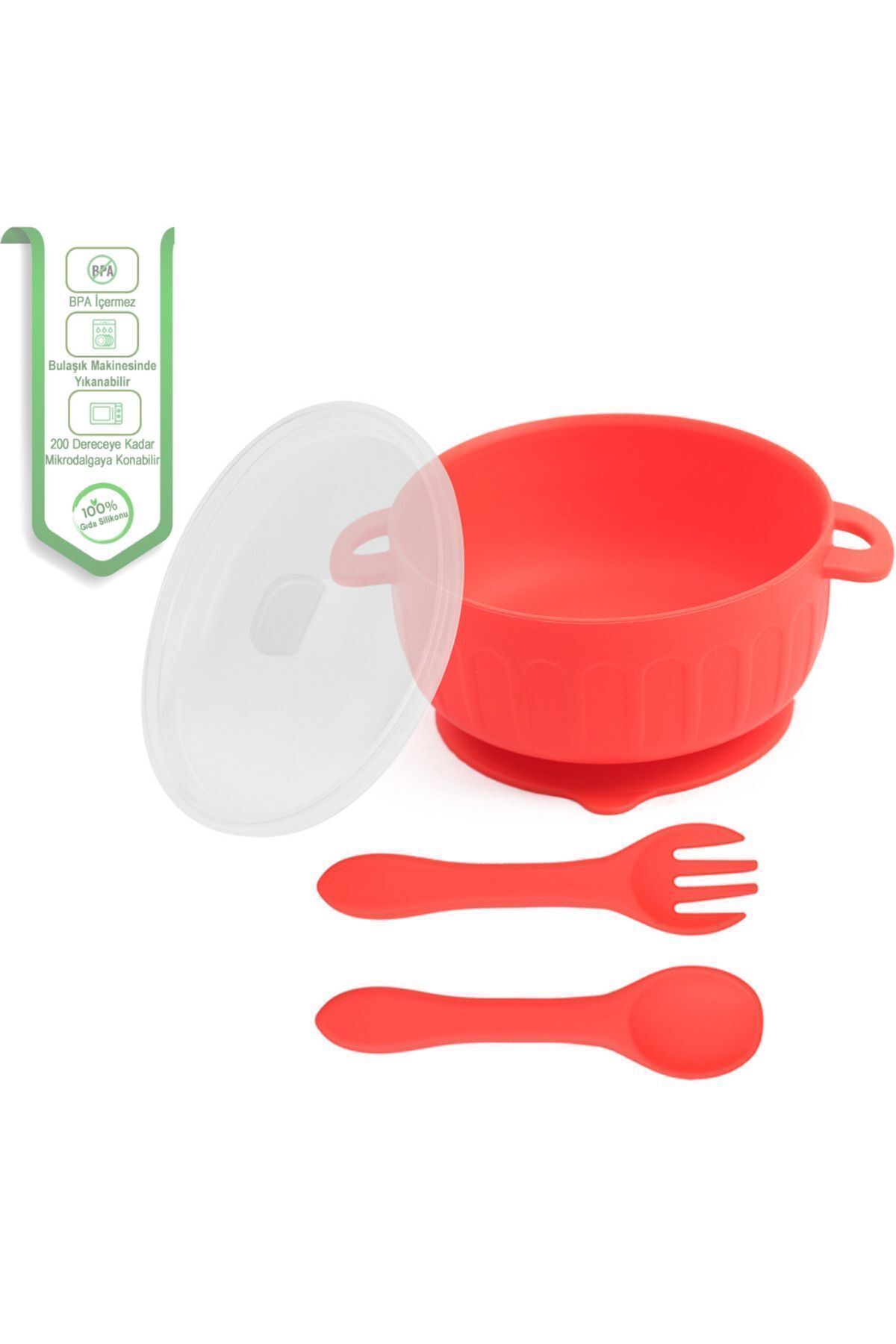 jojobebek Silikon Beslenme Seti Silikon Vakumlu Kapaklı Mama Kase , Silikon Önlük, Çatal-kaşık / Kırmızı fotoğrafı 2 (önizleme)