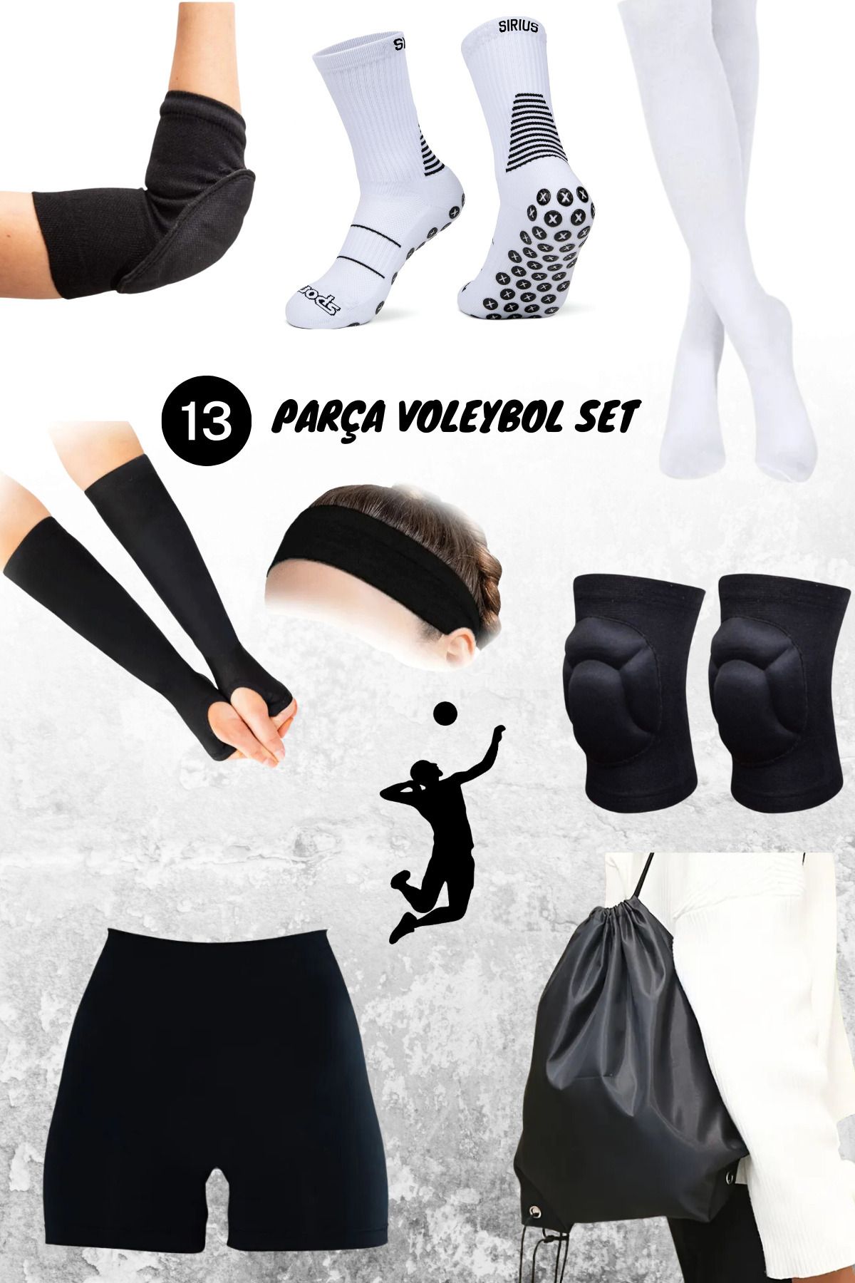 Bellanora 13'lü Voleybol Dizliği& Dirsekliği&Elliği &Uzun Çorabı&Kauçuk Çorap &Tayt& Çantalı& Saç Bandı Seti