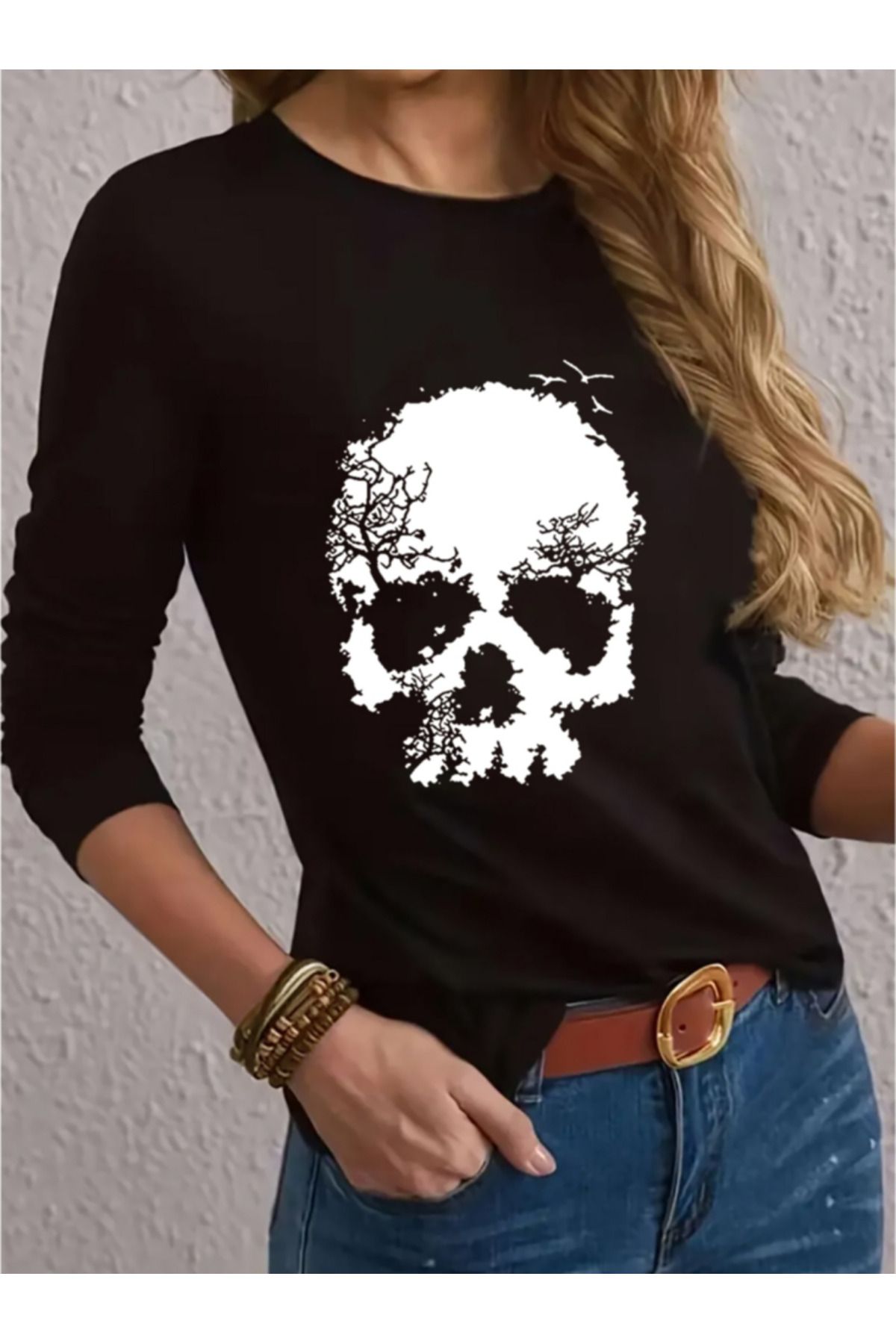 ARUZ MODA Kadın Uzun Kollu Bisiklet Yaka Kurukafa Desenli Viskon Bluz