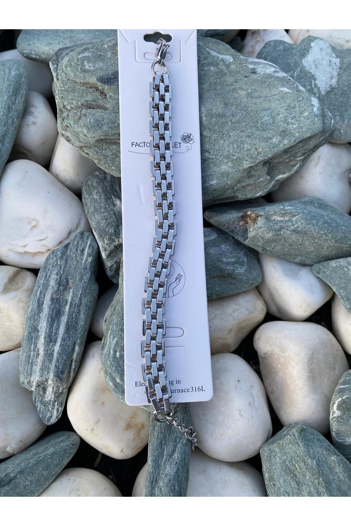 Purplefly Jewels Erkek Tuğla Model Gümüş Renk 316L Kararmaz Çelik Bileklik PRP-Ç366