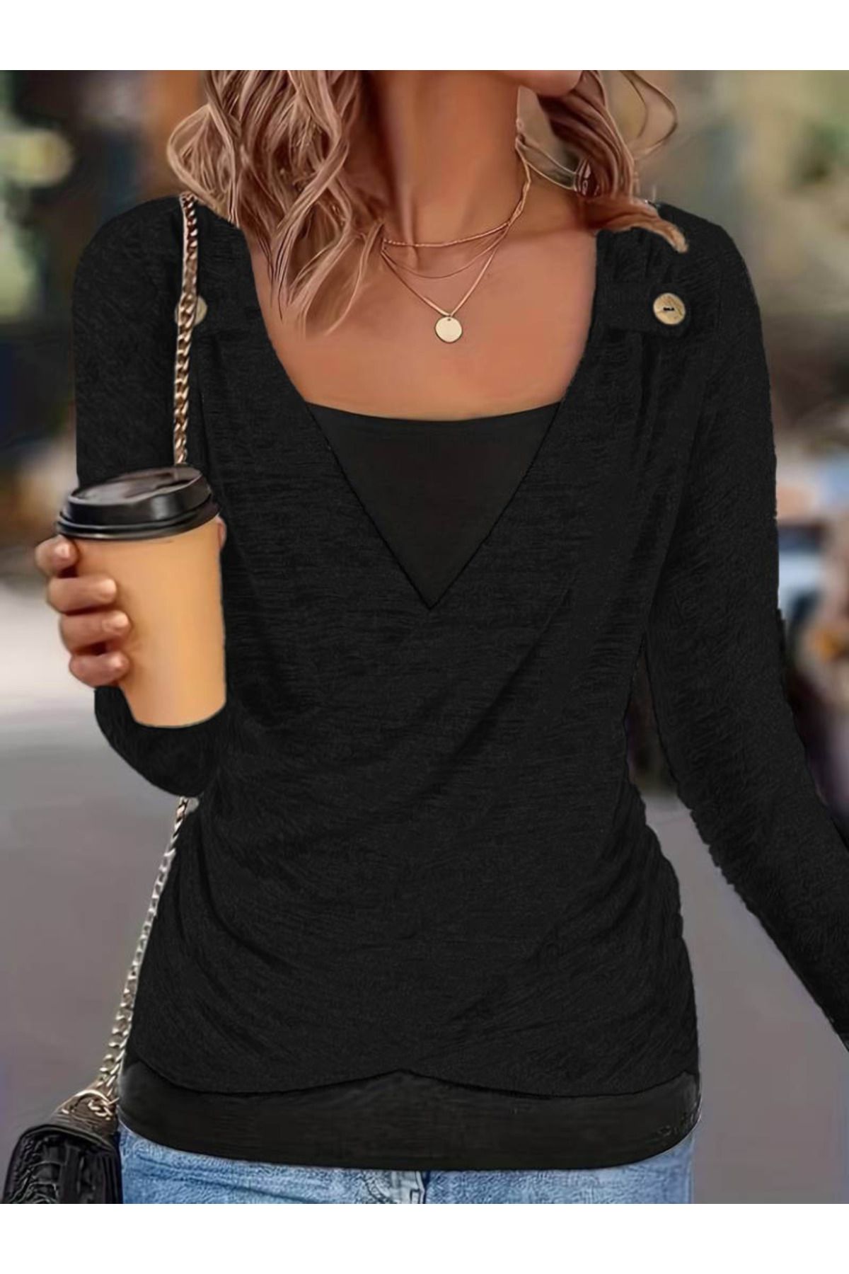 ARUZ MODA Kadın Uzun Kollu V Yaka Düğme Detaylı Yumoş Bluz
