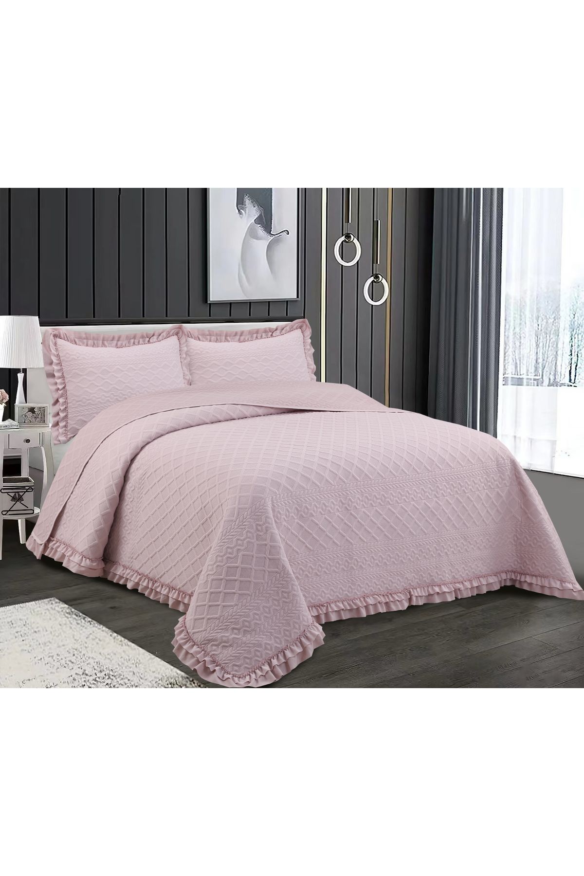 Sivalde Hazel Washed Fırfırlı Çift Kişilik Pudra Yatak Örtüsü Takımı