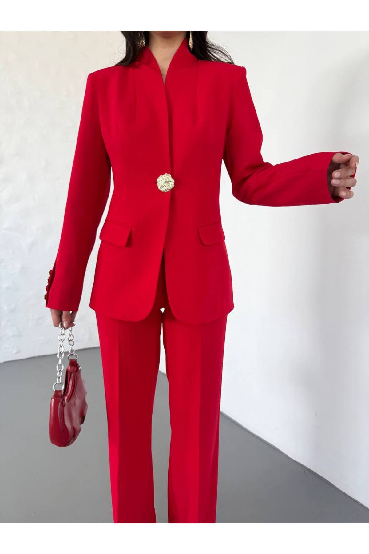 NILOO Kadın Tek Büyük Düğmeli Blazer Ceket Pantalon Takım