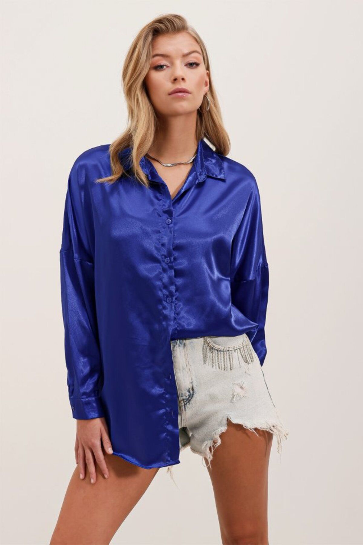 ARUZ MODA 3985 Oversize Saten Gömlek - Saks