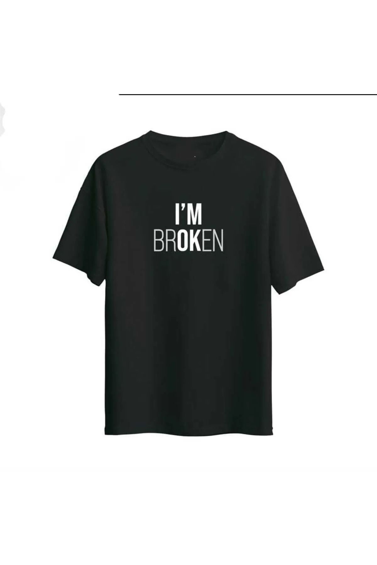 FeaR LeeS Broken Basklı Siyah Oversize T-shirt Büyük Beden