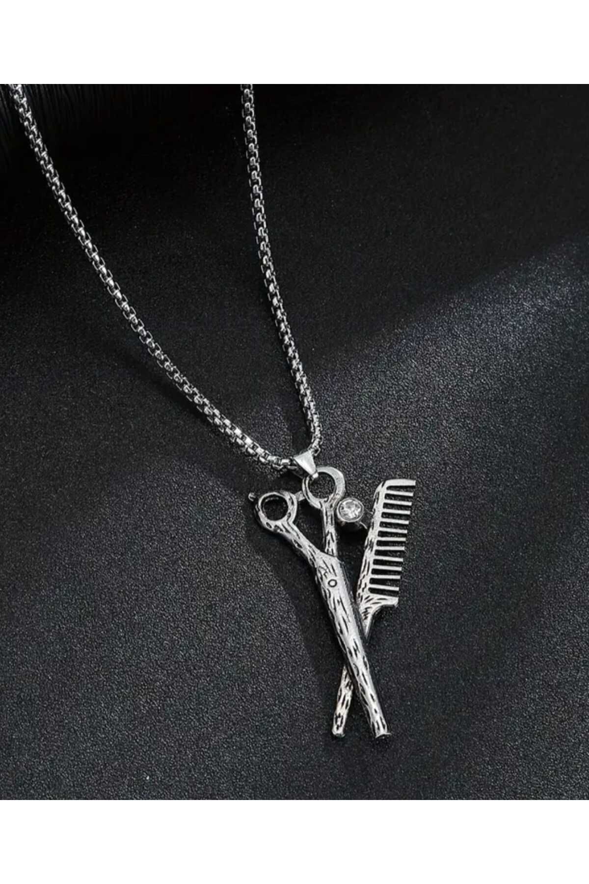 sarıyer silver Makas Ve Tarak Figür Model Kuaför Berber Stil Günlük Kullanım Zirkon Taşlı Kuaför Çelik Kolye