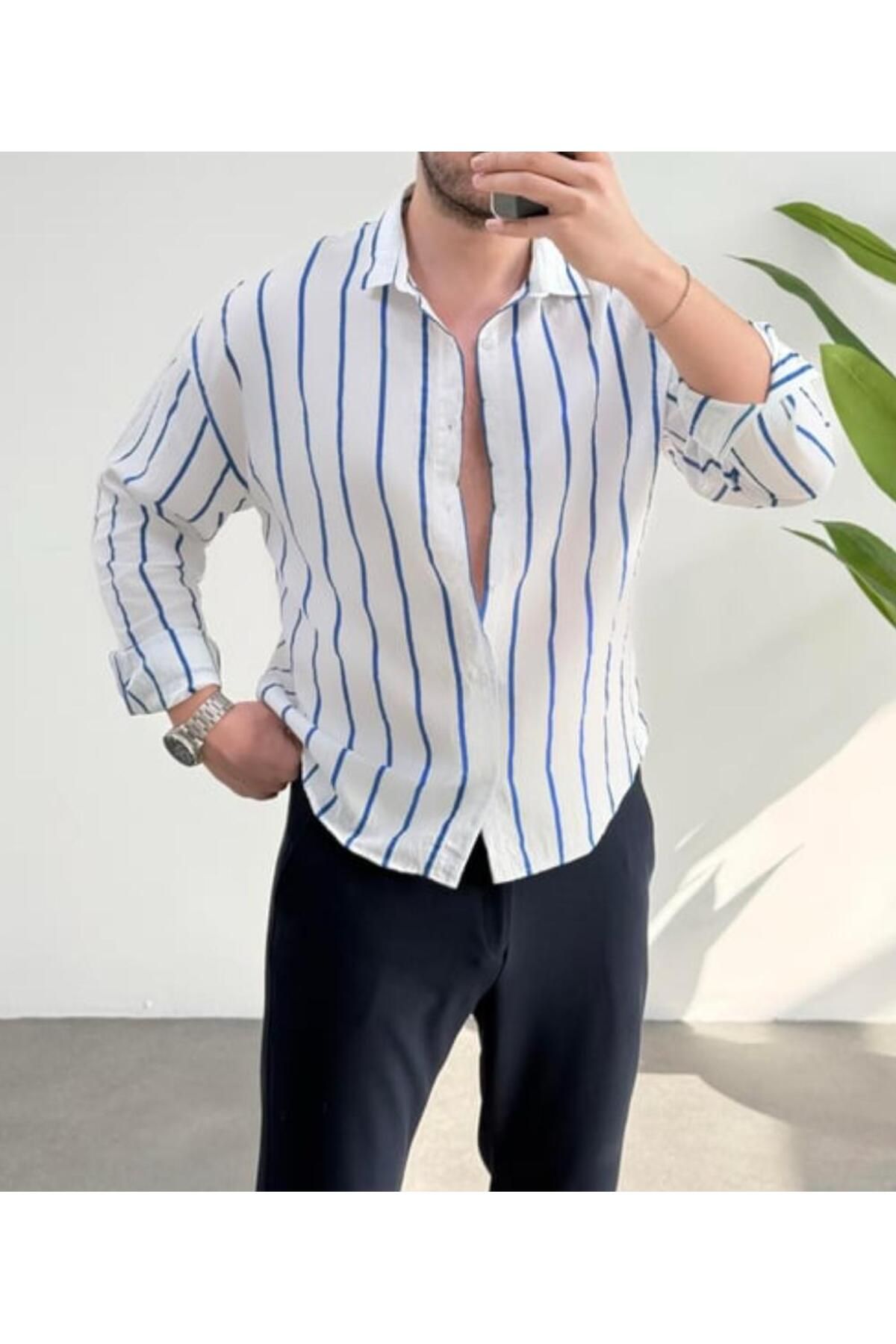 JACK CAPRİO Erkek Keten Çizgili Yeni Sezon Oversize Gömlek