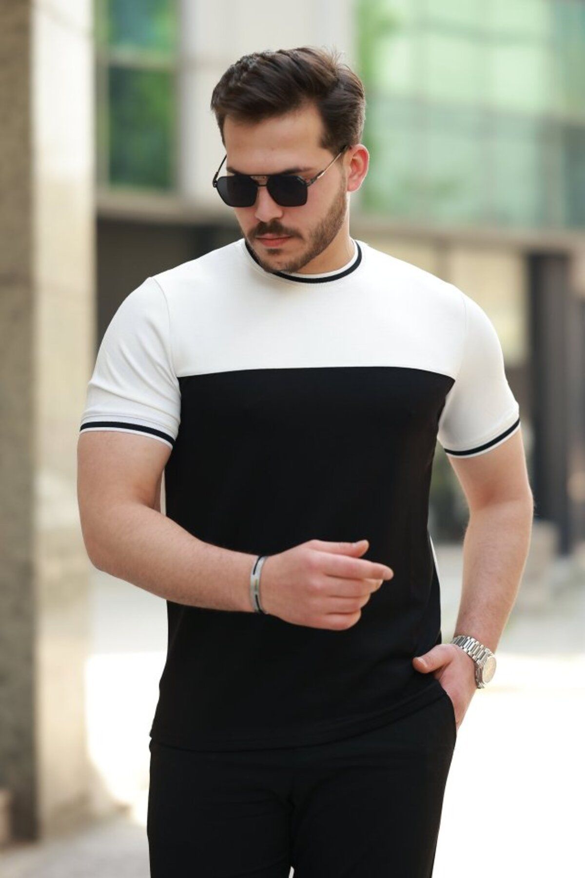 Modayakamoz Yeni Sezon Erkek Bisiklet Yaka Parçalı Renk Kısa Kollu T-shirt