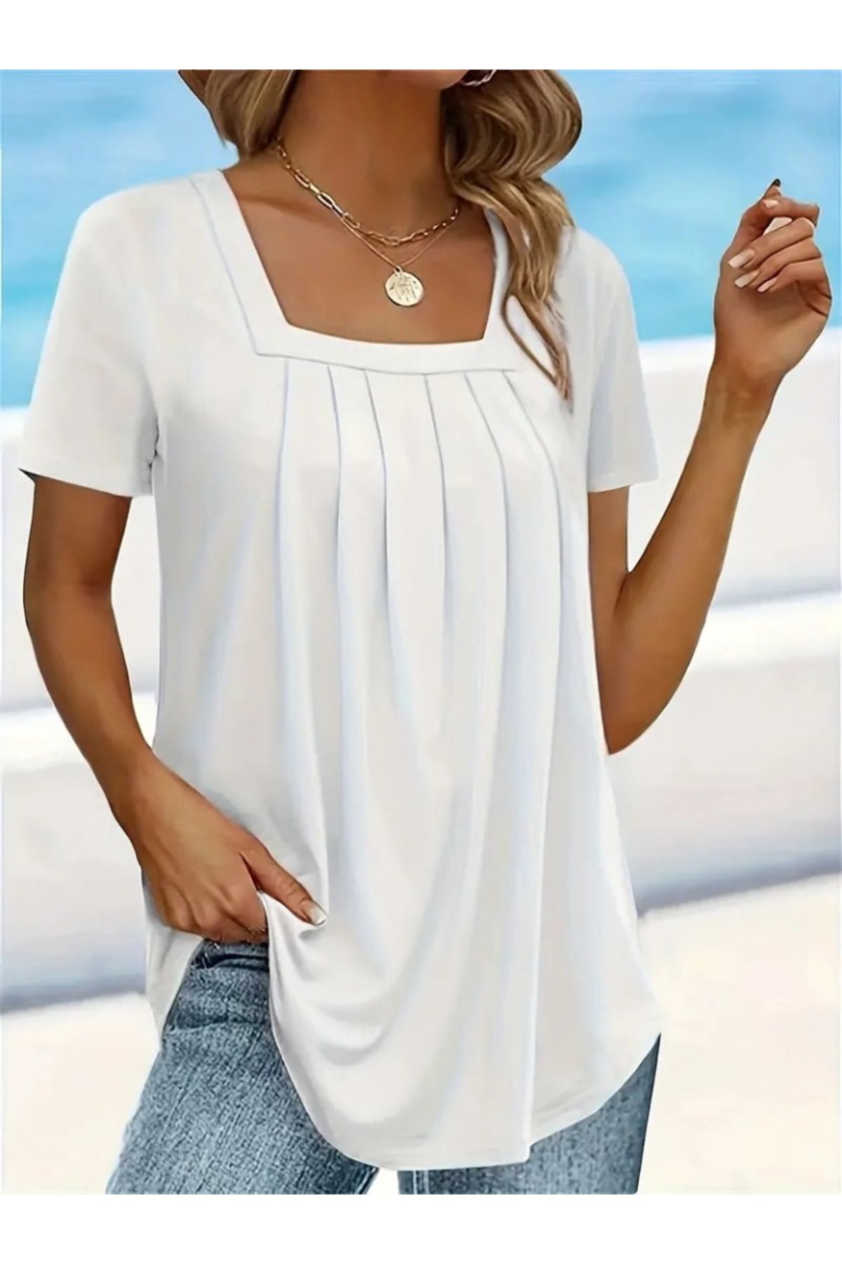 ARUZ MODA Kadın Kısa Kollu Pileli Kare Yaka Salaş Viskon T-shirt