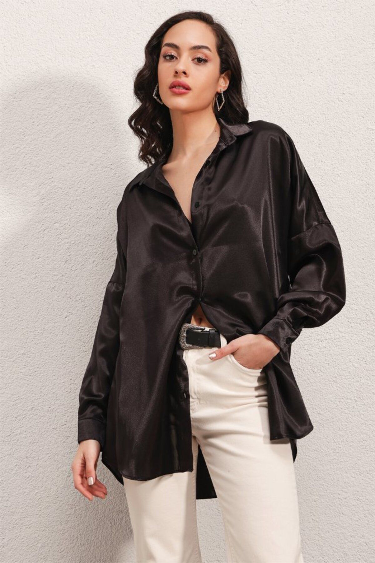 ARUZ MODA 3985 Oversize Saten Gömlek - Siyah