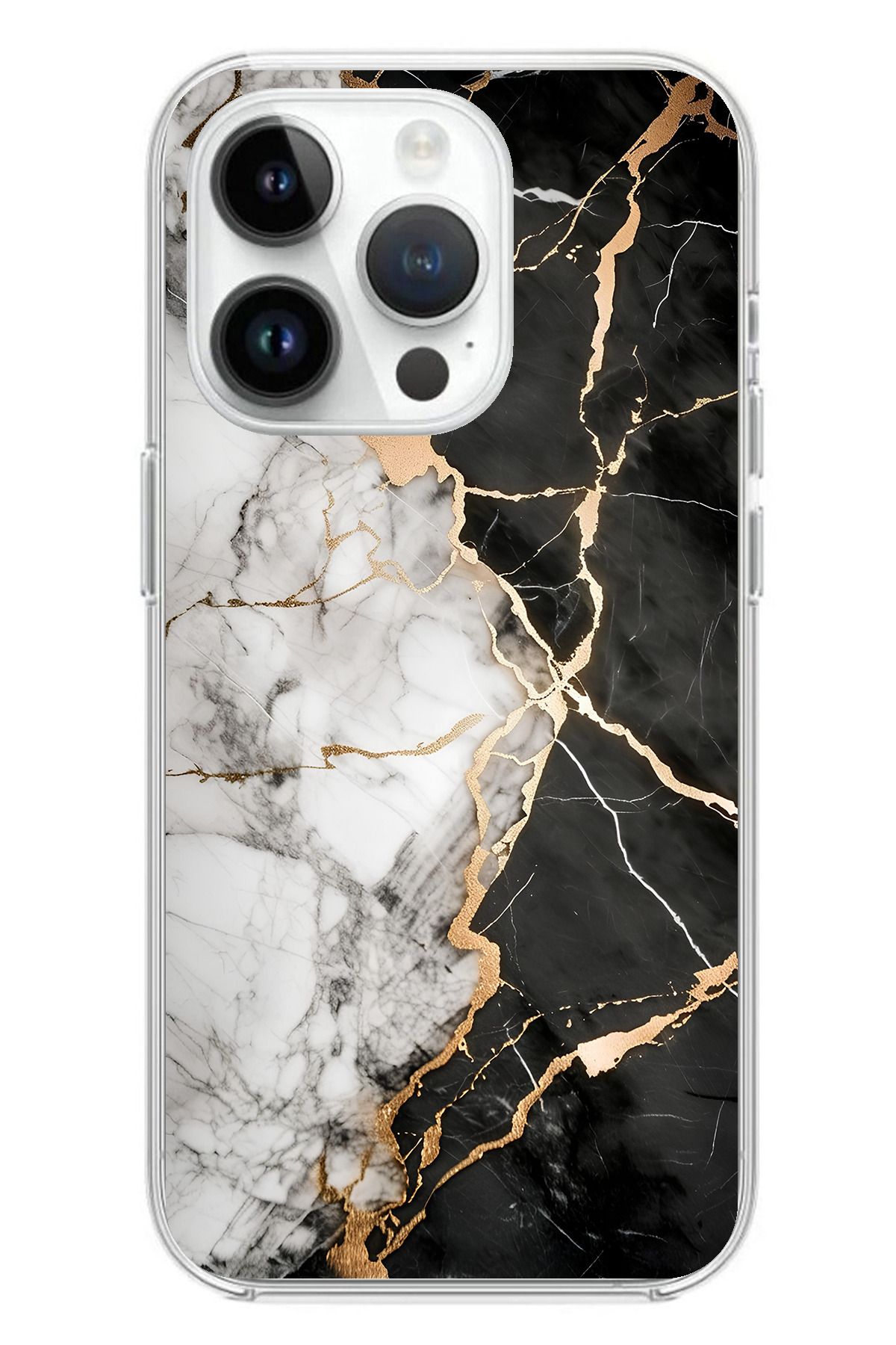 TechTree iPhone 14 PRO MAX Uyumlu Siyah Beyaz Mermer Şeffaf Silikon Kılıf