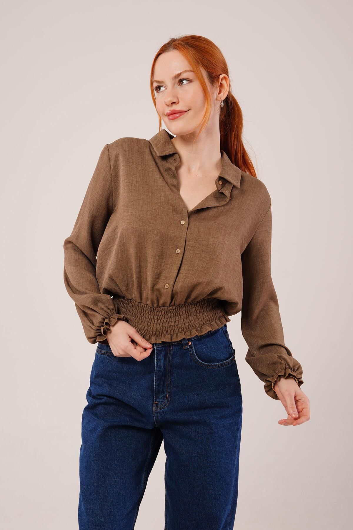 ARUZ MODA Bel Ve Bilek Lastikli Kahverengi Bluz