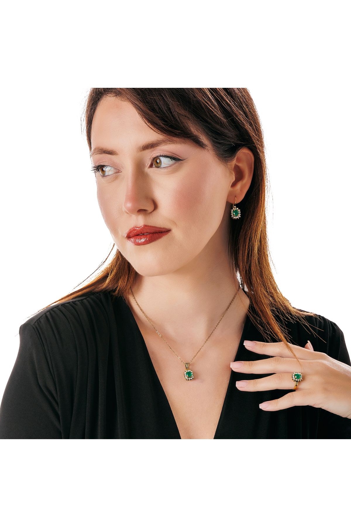 Atelier LEO Handmade Jewellery HARMONİ BAGET YEŞİL TAKIM YÜZÜK NO:7 BAKIR EL YAPIMI KARARMA YAPMAZ KADIN TAKI SETİ