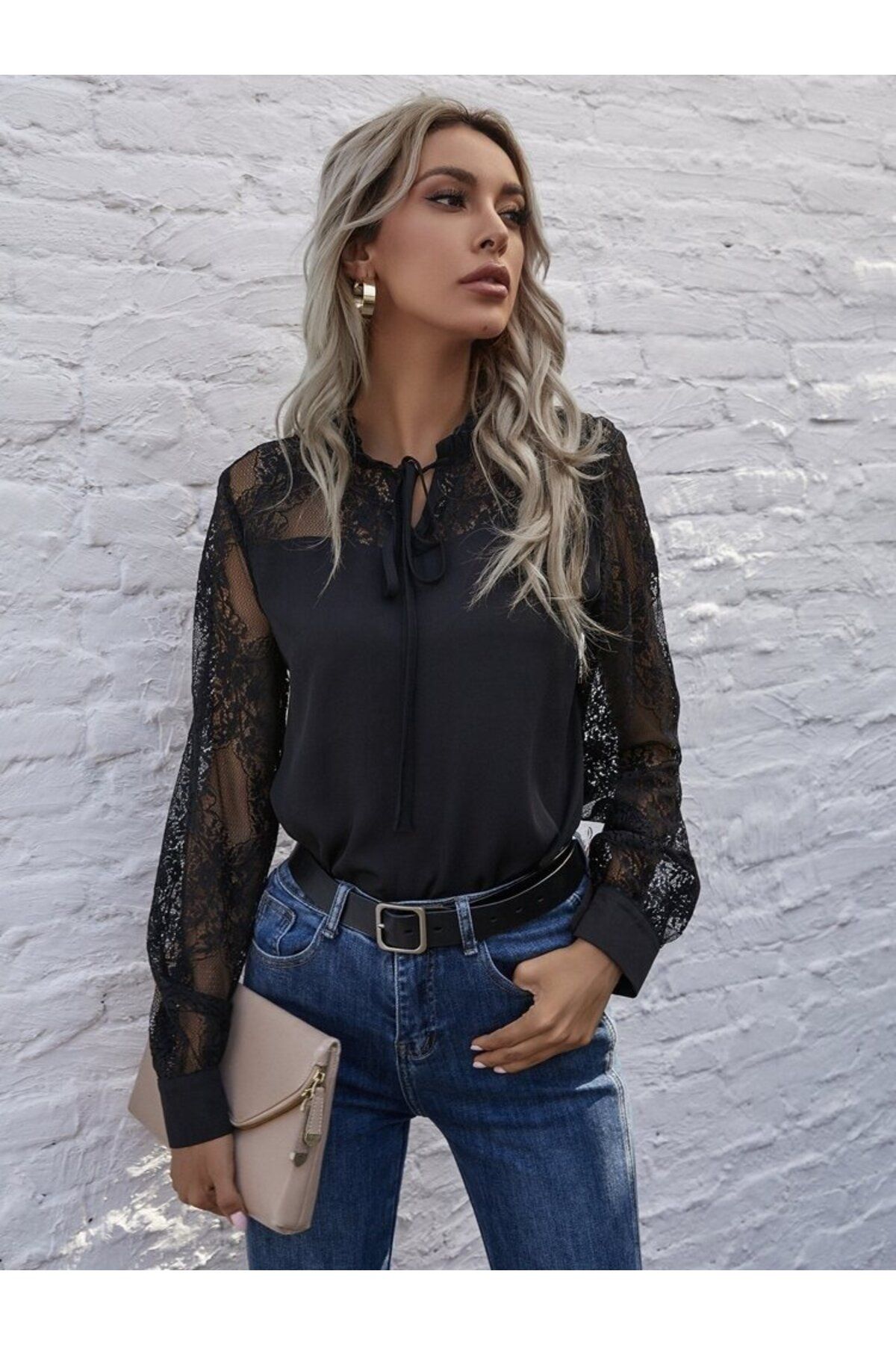 ARUZ MODA Kadın Uzun Kollu Yakadan Bağcıklı Dantel Detaylı Ithal Krep Bluz