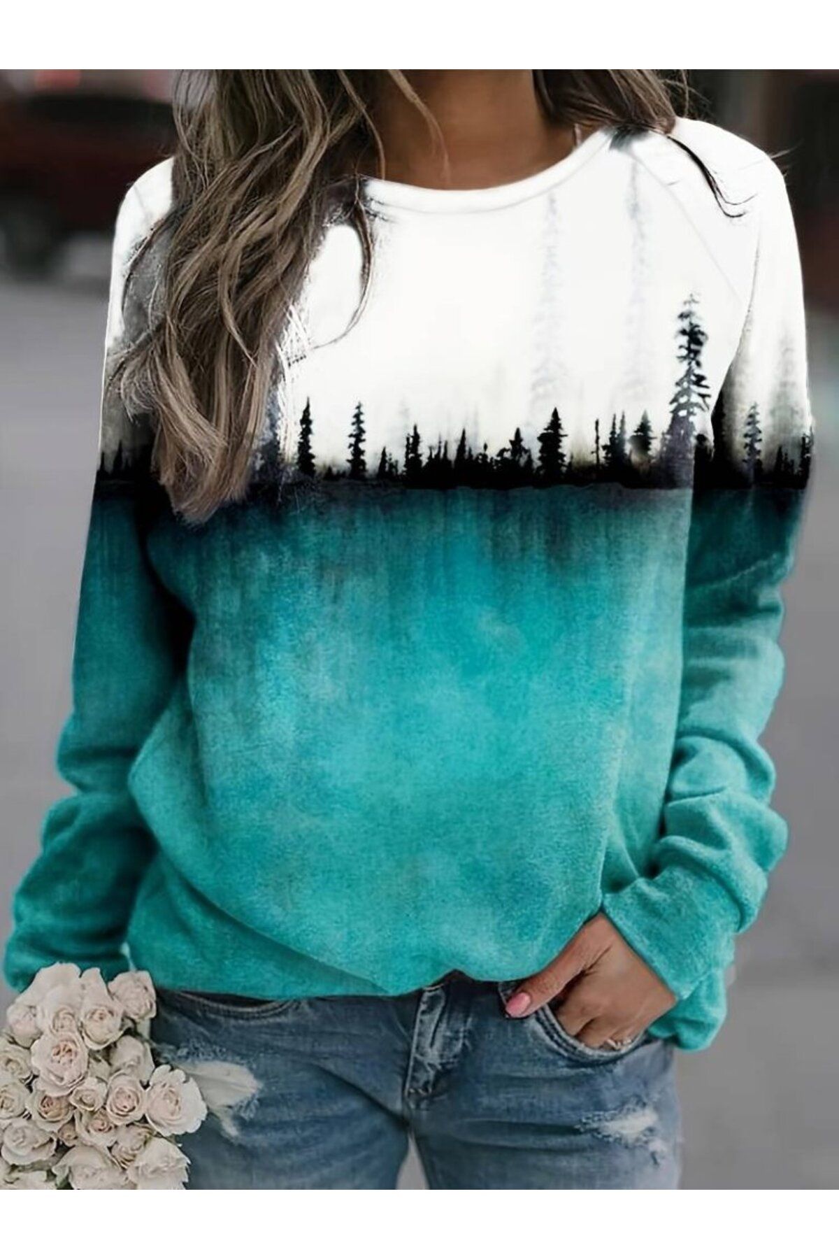 ARUZ MODA Kadın Uzun Kollu Baskılı şardonlu Dalgıç Bluz